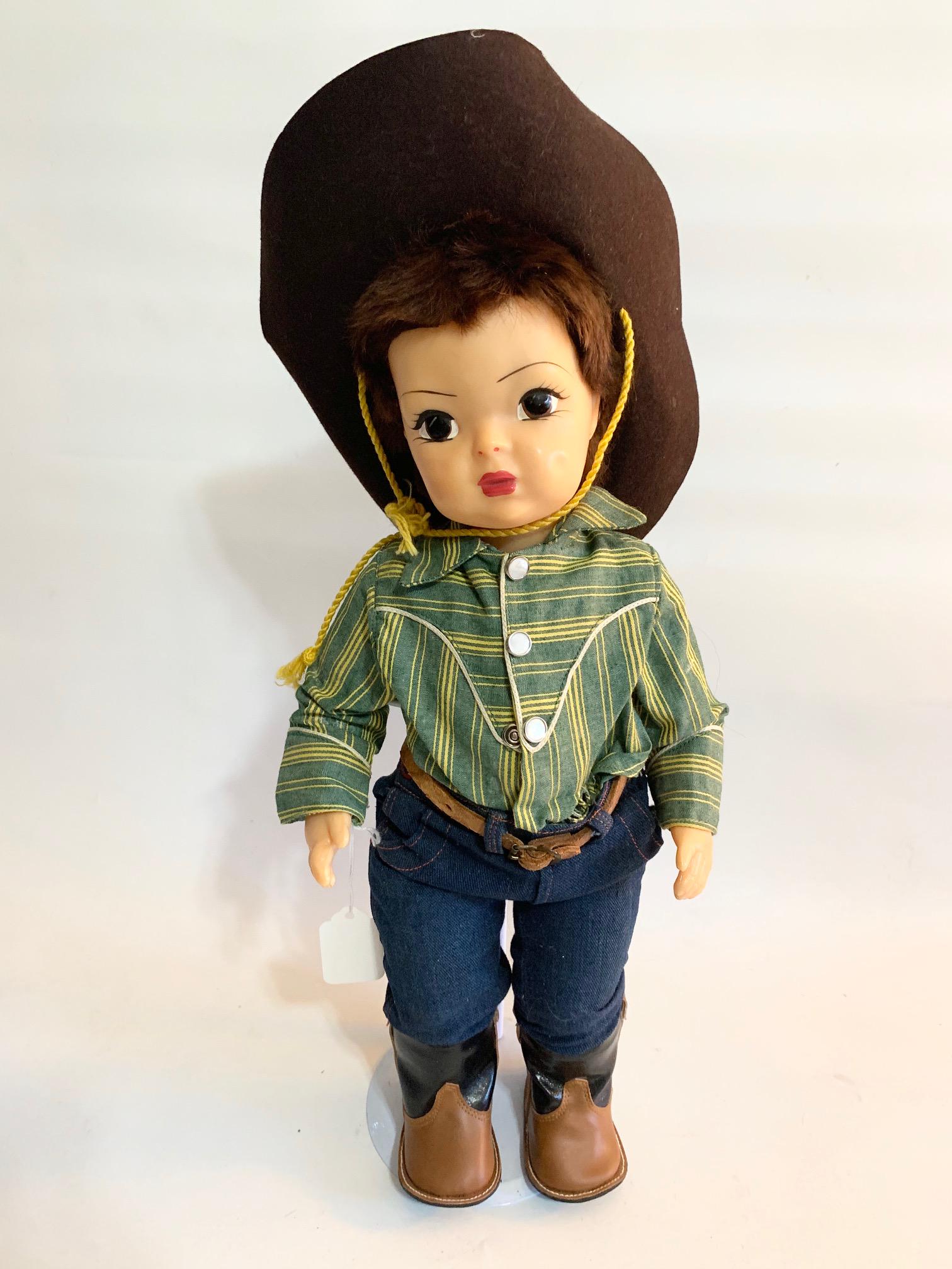B4: Terri Lee/Jerry Lee Cowboy 16" Hard Plastic Doll: Terri Lee Cowboy 16" Hard Plastic Doll; very good condition; original tagged shirt; original jeans with leather belt; original hat; cowboy boots replaced, original wig. We do our best to list all poss