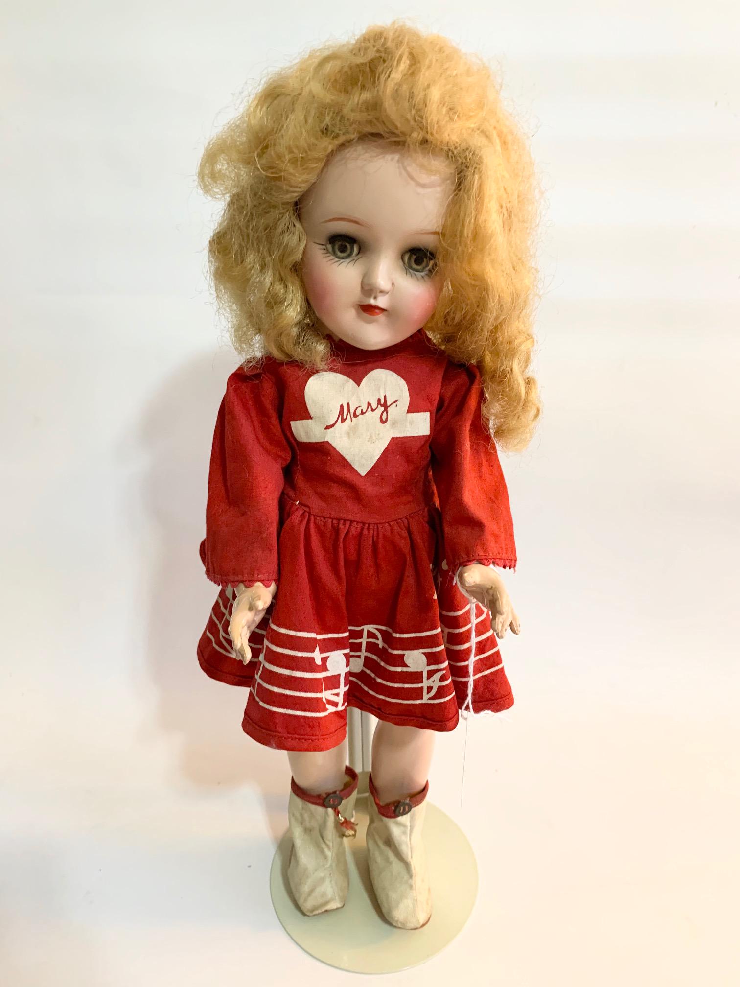 B5: Mary Hartline 1952 Ideal 16": Mary Hartline 1952 Ideal 16" Hard Plastic doll in very good condition; Original red cotton dress; original majorette boots and original synthetic hair. We do our best to list all possible flaws, these