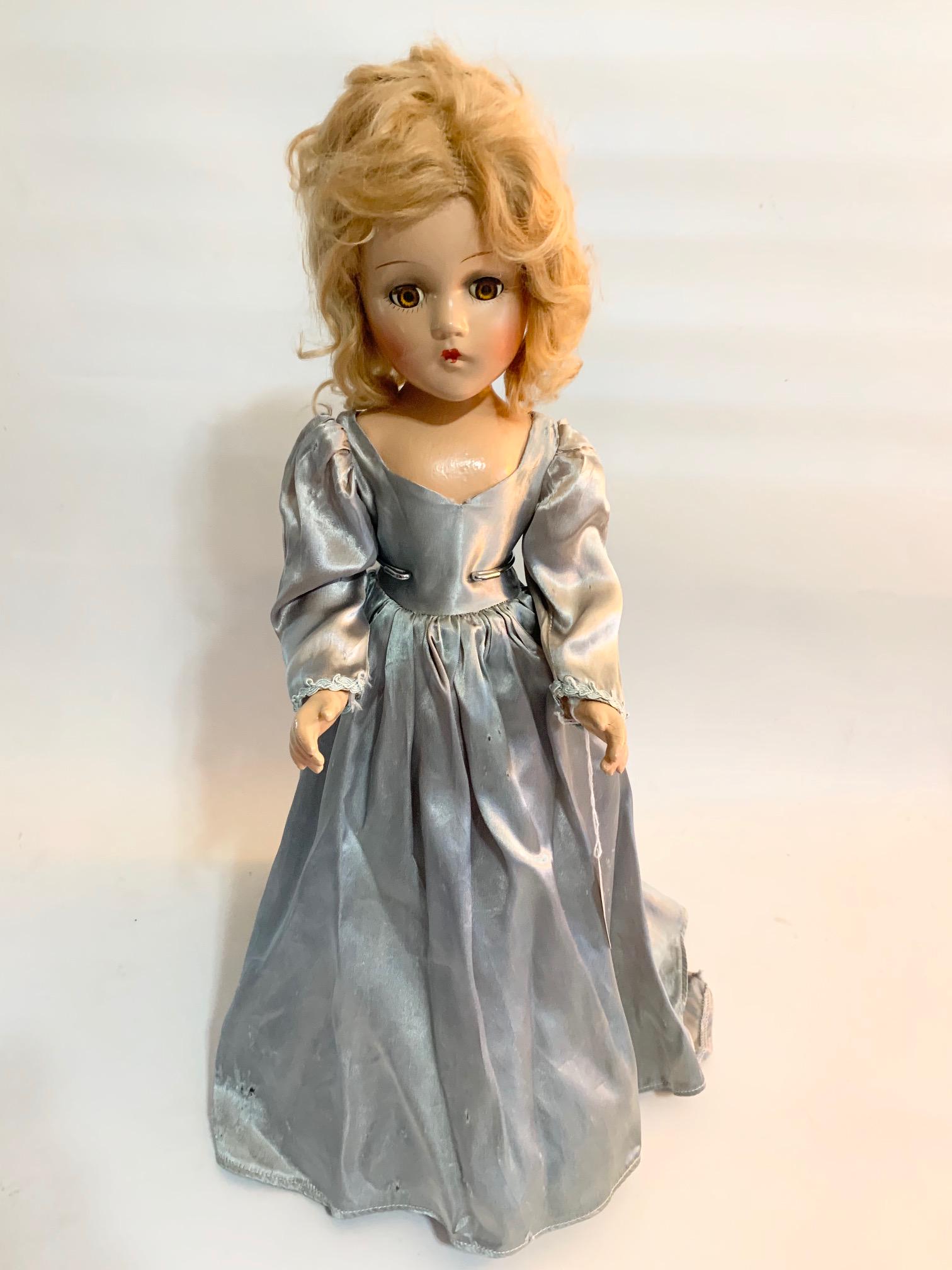 B7: Madame Alexander 17" Composition Girl Doll: Madame Alexander 17" Composition Girl Doll; Head in good condition; crazing to legs; original blue sation dress with some damage; original underwear; replaced shoes; original blonder mohair. We do our