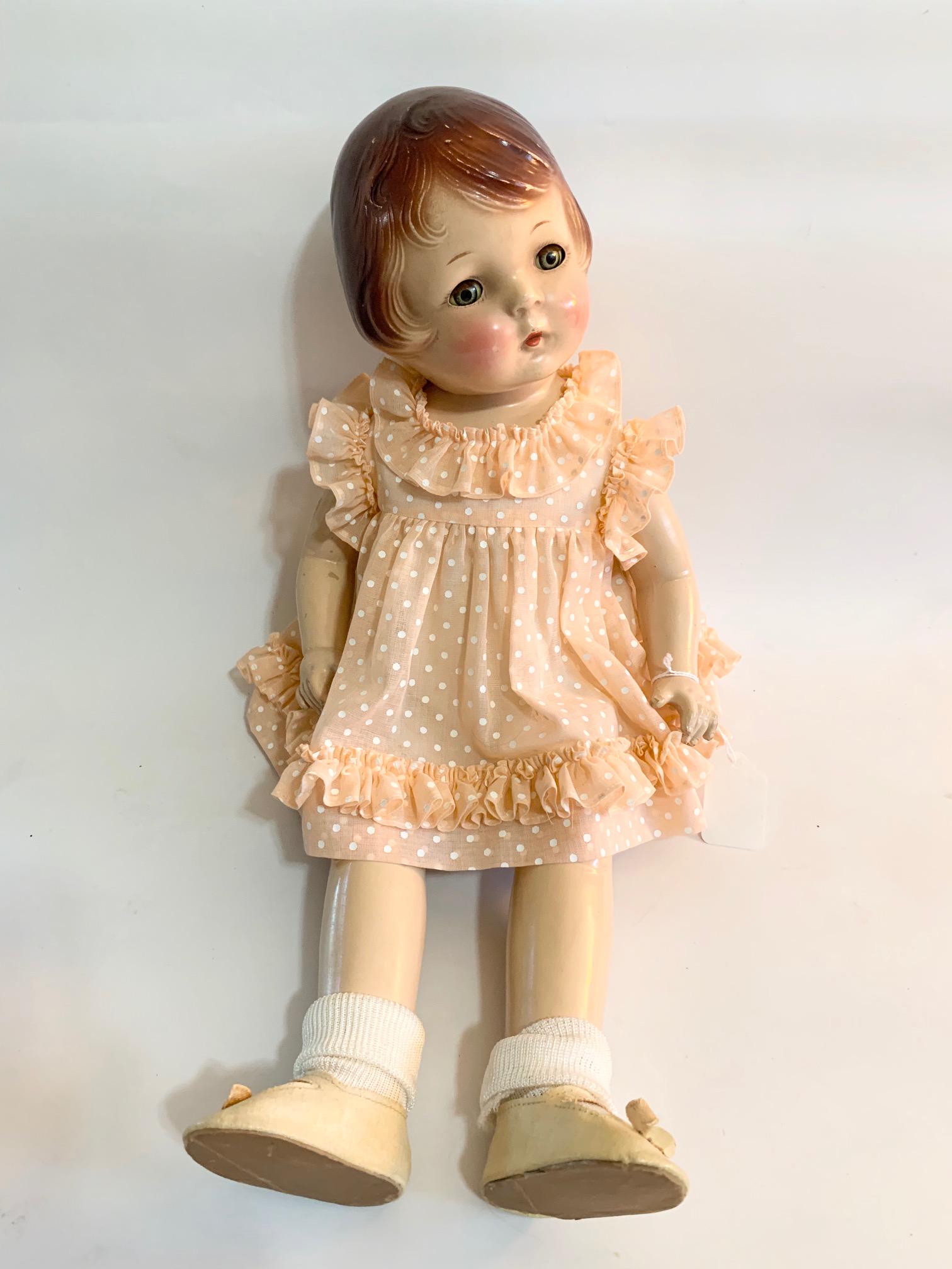 B9: Georgine Averill Peaches 20" Composition Doll: Georgine Averill Peaches 20" Composition Doll; replaced dress; molded hair. We do our best to list all possible flaws, these are vintage/antique dolls and are NOT perfect. Please refer to the photos a