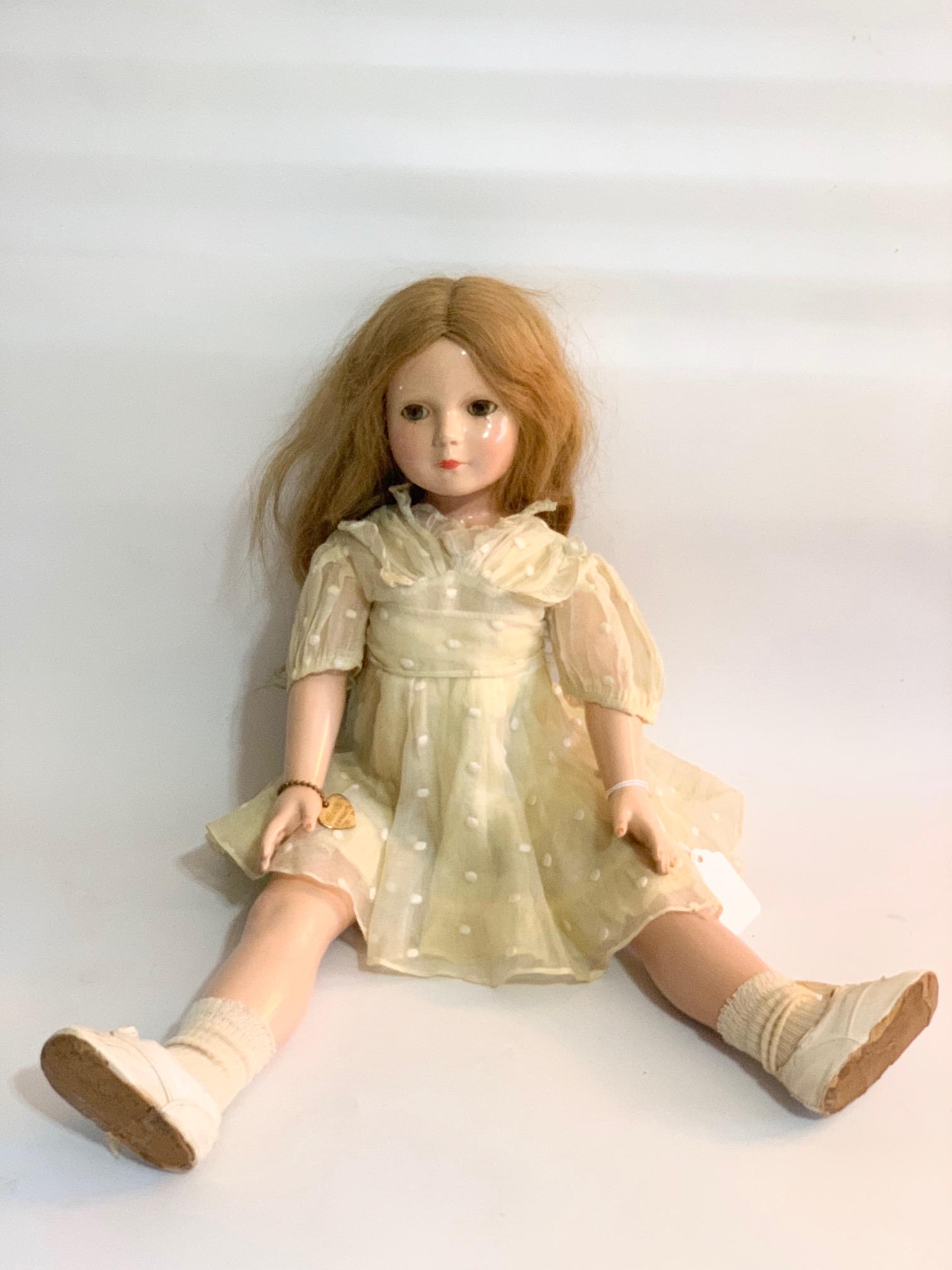 B10: Barbara Lou 1938 American Child Dewees Cochran: Effanbee Barbara Lou 1938 American Child Dewees Cochran; 20" composition head; hard rubber arms; has wrist bracelet; anne shirley body; original dress and underwear may be original; wig may be origina