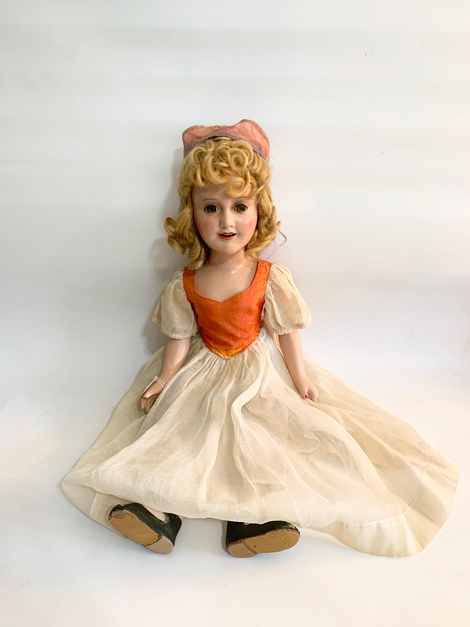 B10: Miss Liberty Deanna Durbin Ideal 20" Composition: Miss Liberty Deanna Durbin Doll Ideal 20" Composition Doll; some crzing; orignal Miss Liberty dress; bodice is faded; original hat faded as well; original blond wig. We do our best to list all possibl