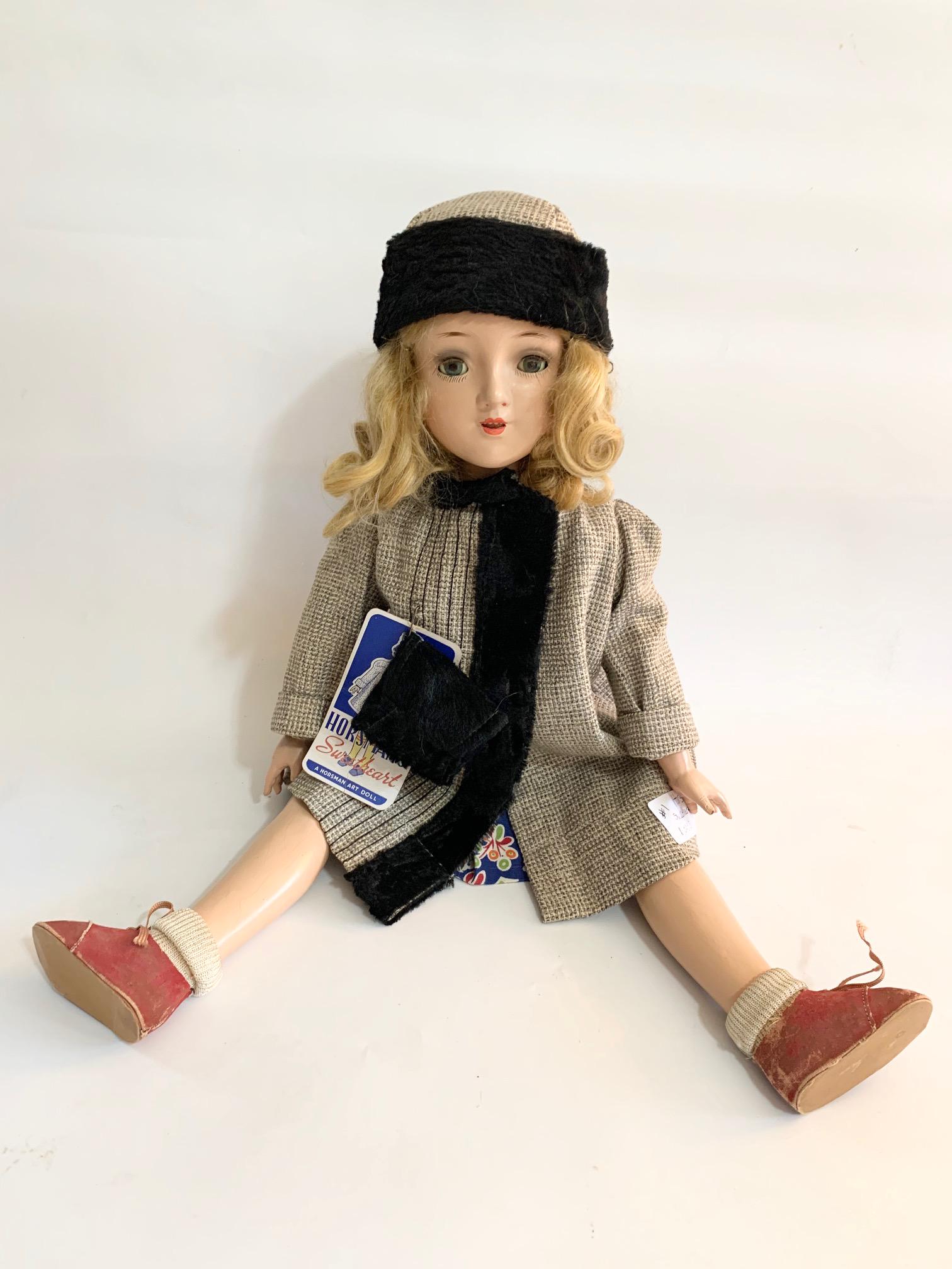 B10: Horsman Sweetheart 21" Composition Doll: Horsman Sweetheart 21" Composition Doll; with hang tag; all original dress, coat, hat, muff, shoes and socks; original wig. We do our best to list all possible flaws, these are vintage/antique dolls a