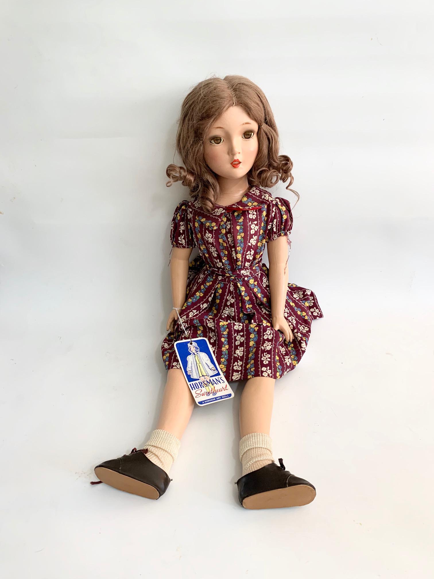 B10: Horsman Sweetheart 24" Composition Doll: Horsman Sweetheart 24" Composition Doll; crazing on leg, loose joints; original dress; shoes, socks etc.; original wig. We do our best to list all possible flaws, these are vintage/antique dolls and a