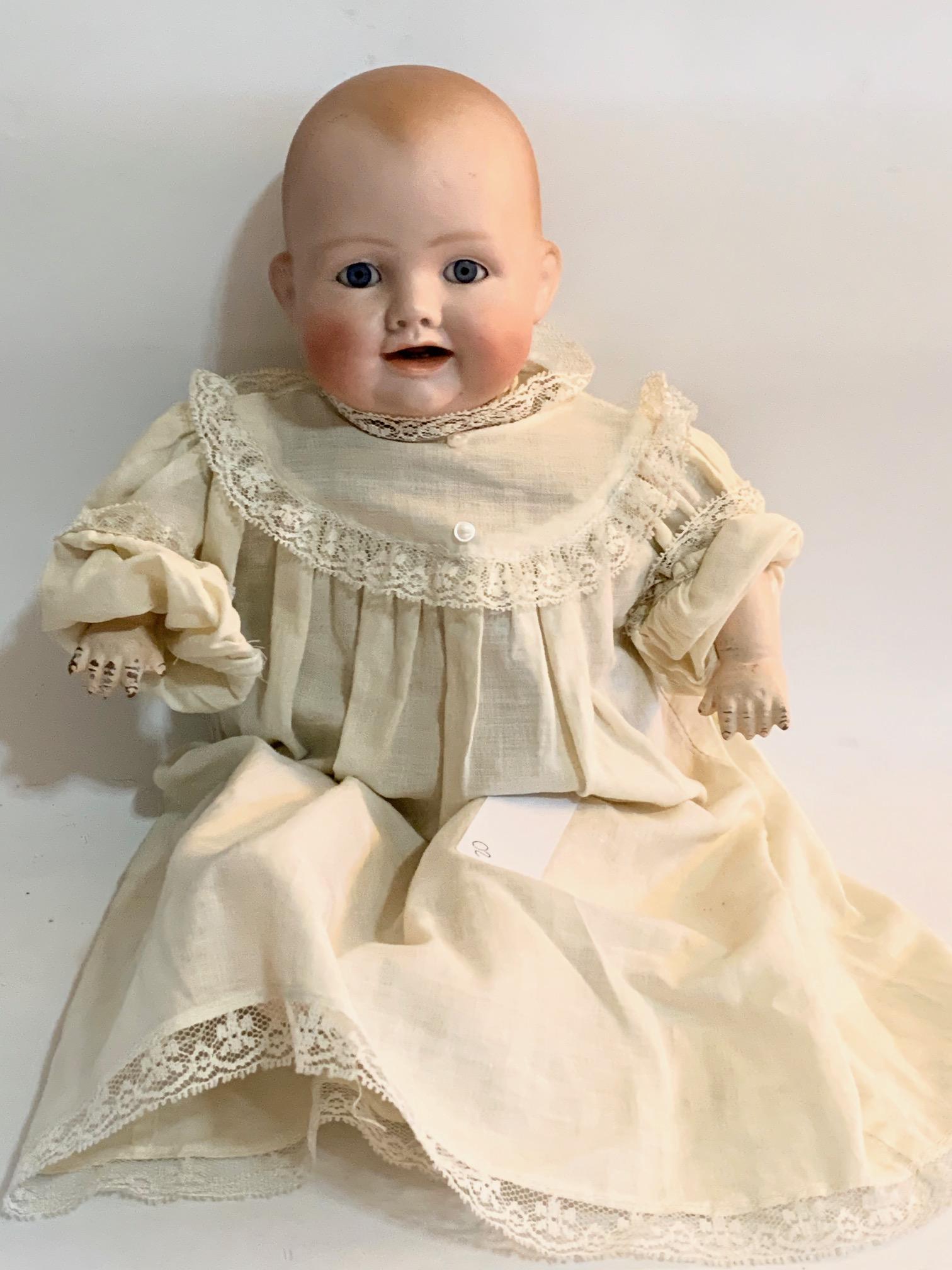 B11: Georgene Averill Bonnie Babe Bisque 15": Georgene Averill Bonnie Babe Bisque 15" Doll; blue sleep eyes; bisque overall good with big eye chip; original cloth body. We do our best to list all possible flaws, these are vintage/antique dolls an