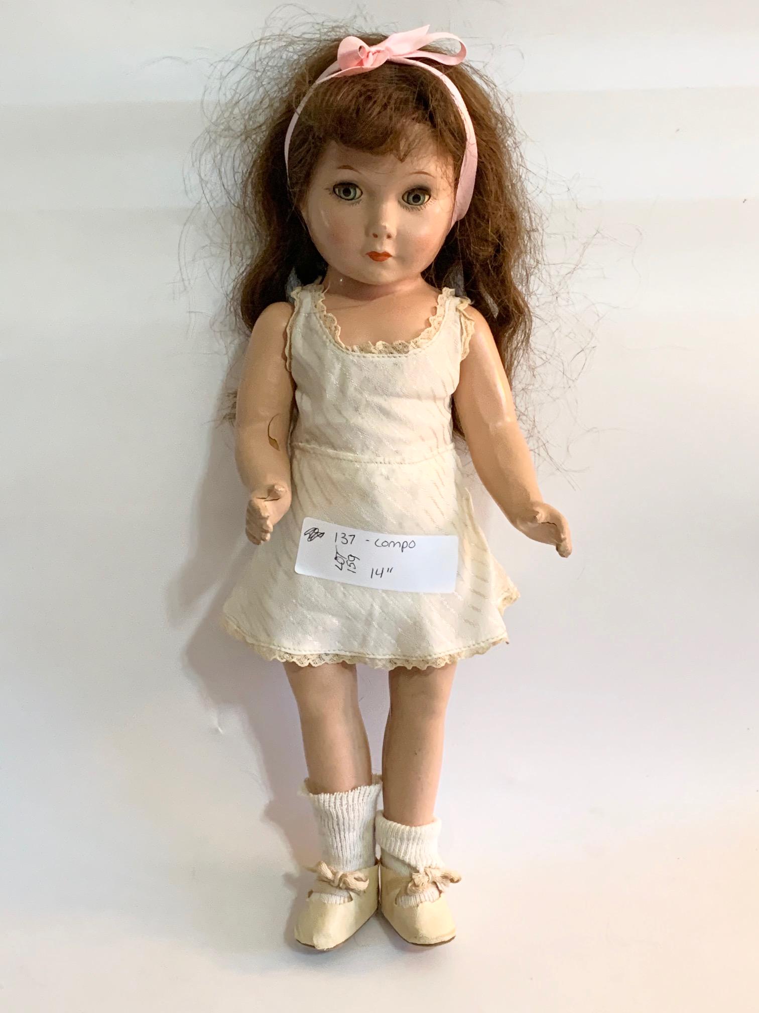 B12: 14" Composition Girl Doll-Unknown Maker: 14" Composition Girl Doll-unknown maker; no dress; original slip, shoes and socks; original human hair wig. We do our best to list all possible flaws, these are vintage/antique dolls and are NOT perfe