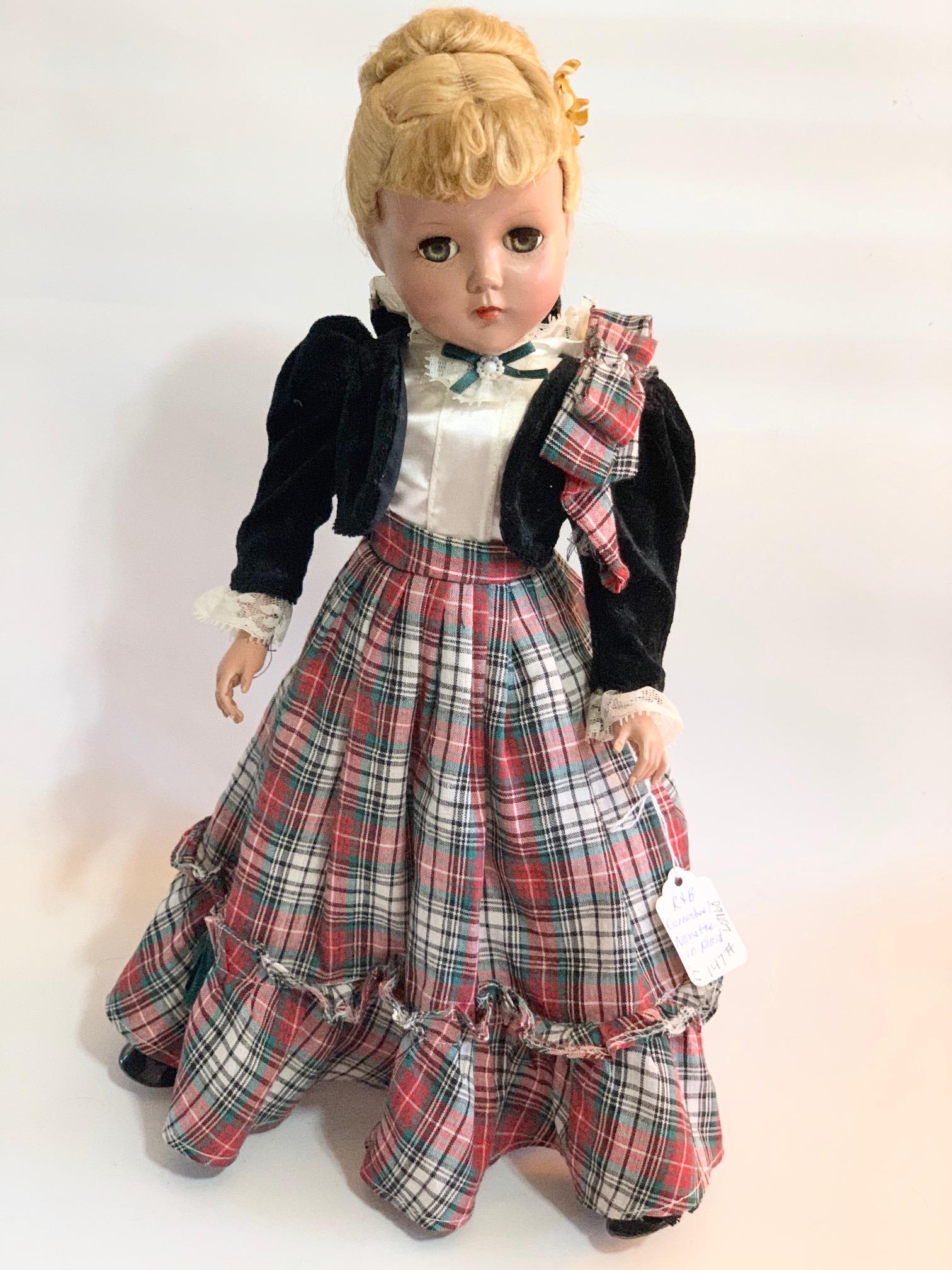 B12: Arranbee 17" Hard Plastic Girl Doll: Arranbee 17" Hard Plastic Girl Doll; replaced Scottish outfit with black jacket and long plaid skirt; original blonde flossy wig. We do our best to list all possible flaws, these are vintage/antique d