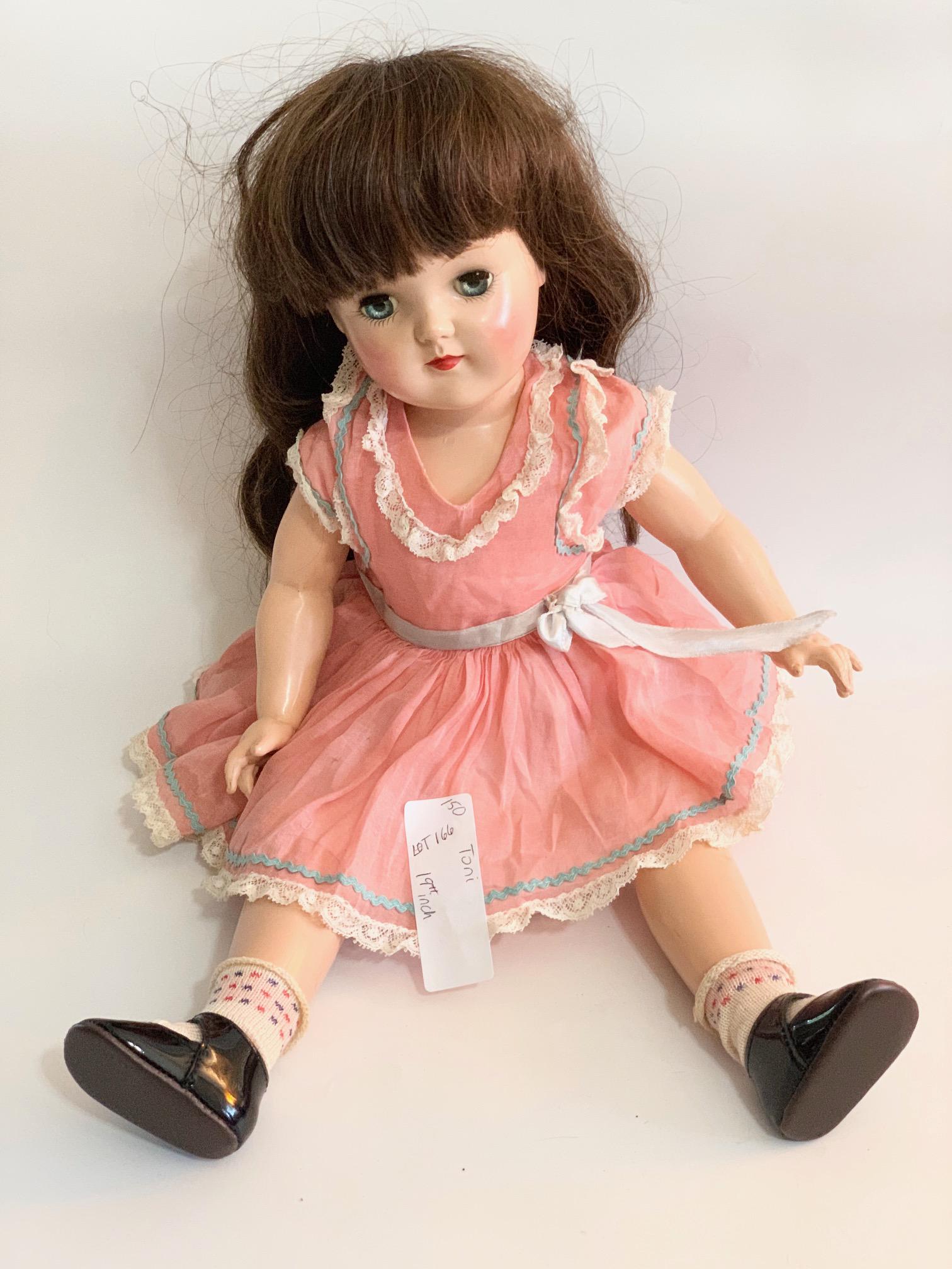 B12: Ideal Toni P92 19" Hard Plastic Doll: Ideal Toni P92 19" Hard Plastic Doll; original pink dress with blue ribbon trim; original human hair wig. We do our best to list all possible flaws, these are vintage/antique dolls and are NOT perfect