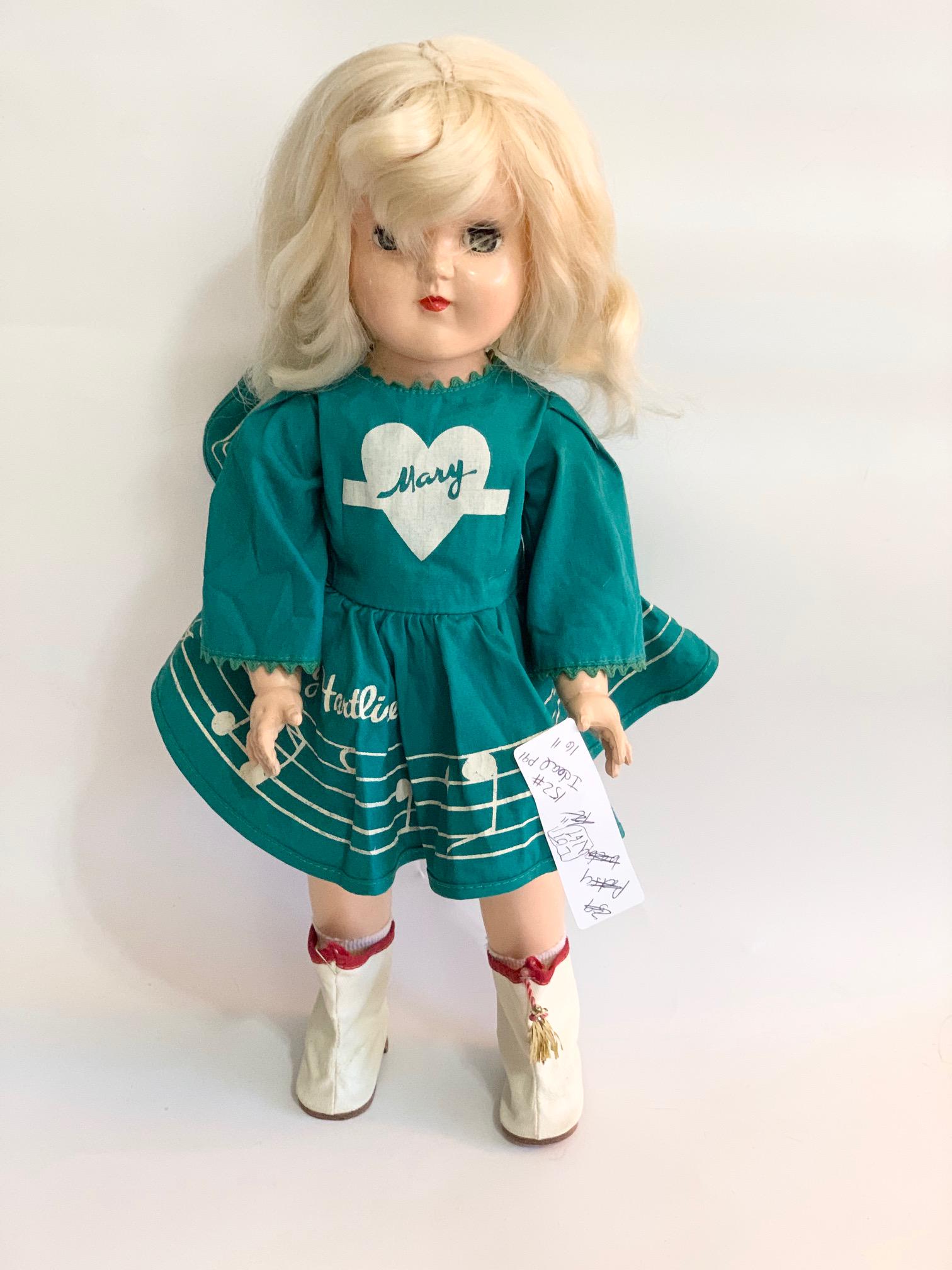 B12: Ideal Mary Hartline P91 16" Hard Plastic Doll: Ideal Mary Hartline P91 16" Hard Plastic Doll; original majorette green dress with original majorette boots; original synthetic wig. We do our best to list all possible flaws, these are vintage/antiqu