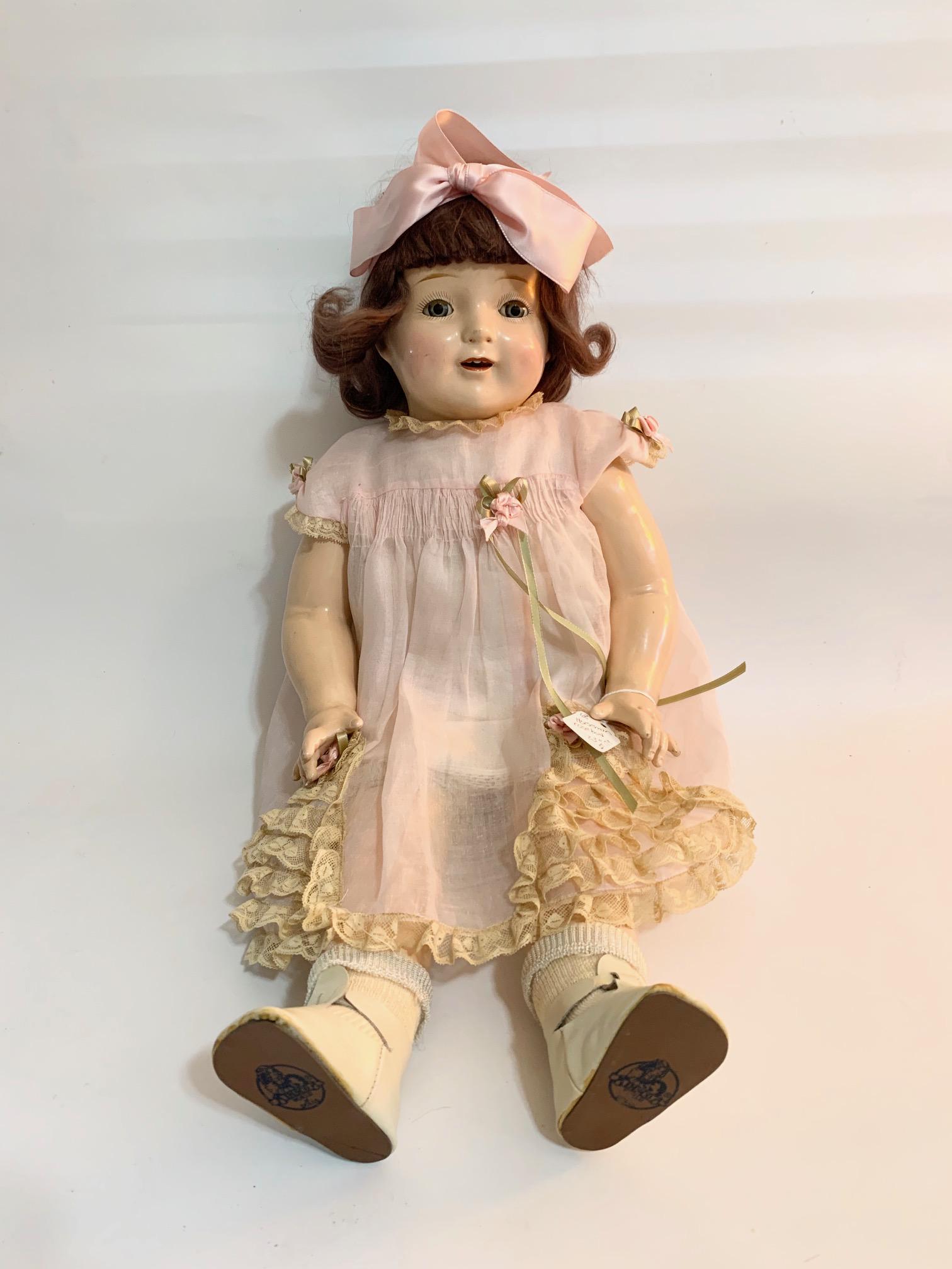 B14: Horsman Rosebud 23" Composition Doll: Horsman Rosebud 23" composition doll; all original pink dress with replaced rosettes/ribbons; original wig. We do our best to list all possible flaws, these are vintage/antique dolls and are NOT perfe