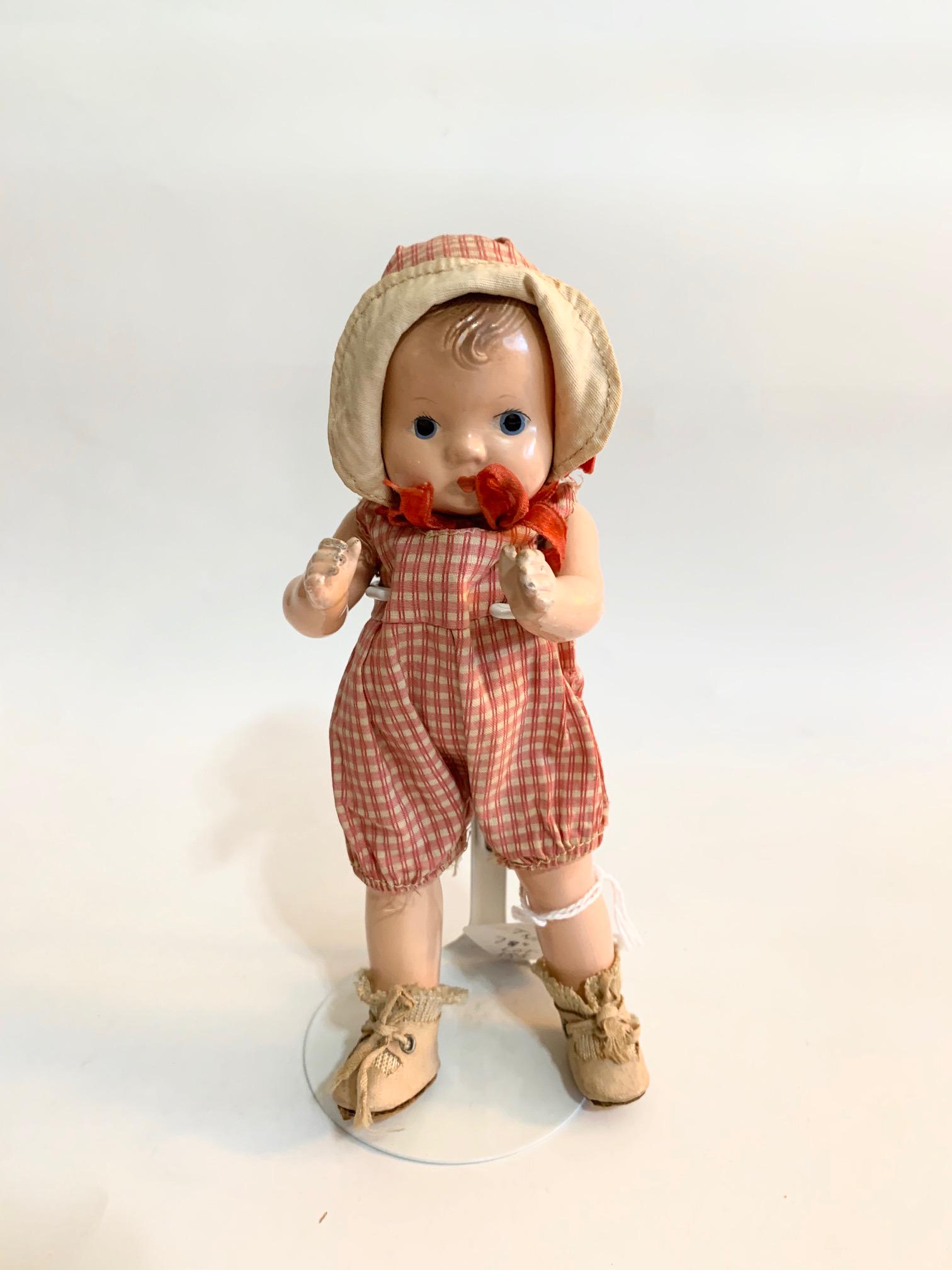B15: Patsy Tinyette 7" Composition Doll: Patsy Tinyette 7" Composition doll; original cute toddler outfit with bonnet and shoes; original wig. We do our best to list all possible flaws, these are vintage/antique dolls and are NOT perfect. Pl