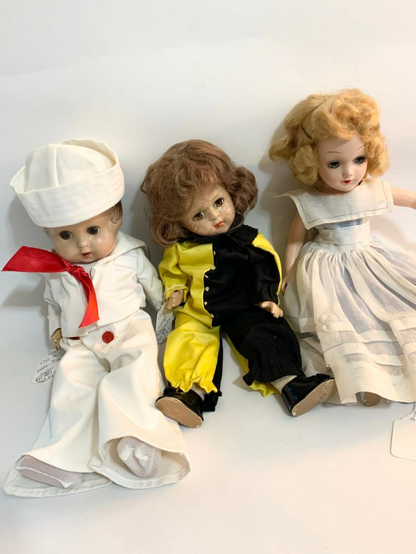 B16: Lot of 3 Vintage Dolls 14": Lot of 3 Vintage Dolls 14"; Dimmie; reproduction sailor outfit by Pattikins; original molded painted hair. 13" composition girl doll, unknown maker; replaced black and white clown outfit; Mohair wig. 