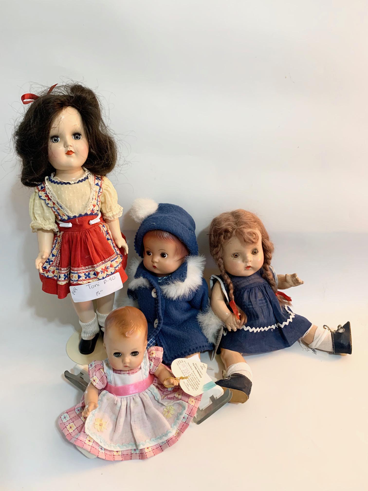 B16: Lot of 4 Vintage Dolls: Lot of 4 Vintage Dolls-15" Toni P-90; Effanbee Babyette; 12" composition doll unknown maker, vintage vintage dress too small for doll; Effanbee-Patsy skates; blue coat. We do our best to list all poss