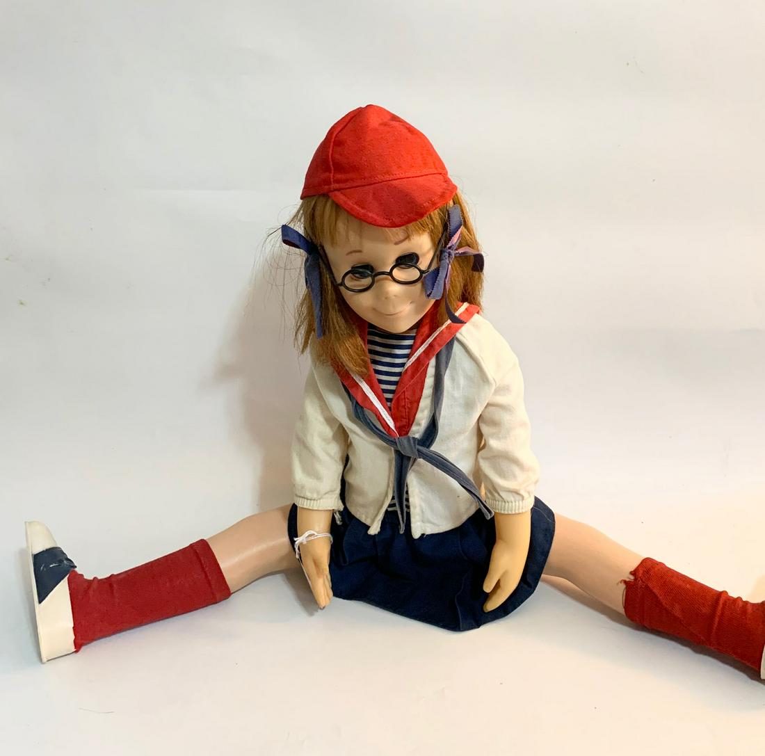 B17: Charming Chatty Cathy-Mattel 14" Plastic: Charming Chatty Cathy-Mattel; missing some records; all original sailor suit outfit with original glasses, shoes and socks; original auburn wig. We do our best to list all possible flaws, these are vi