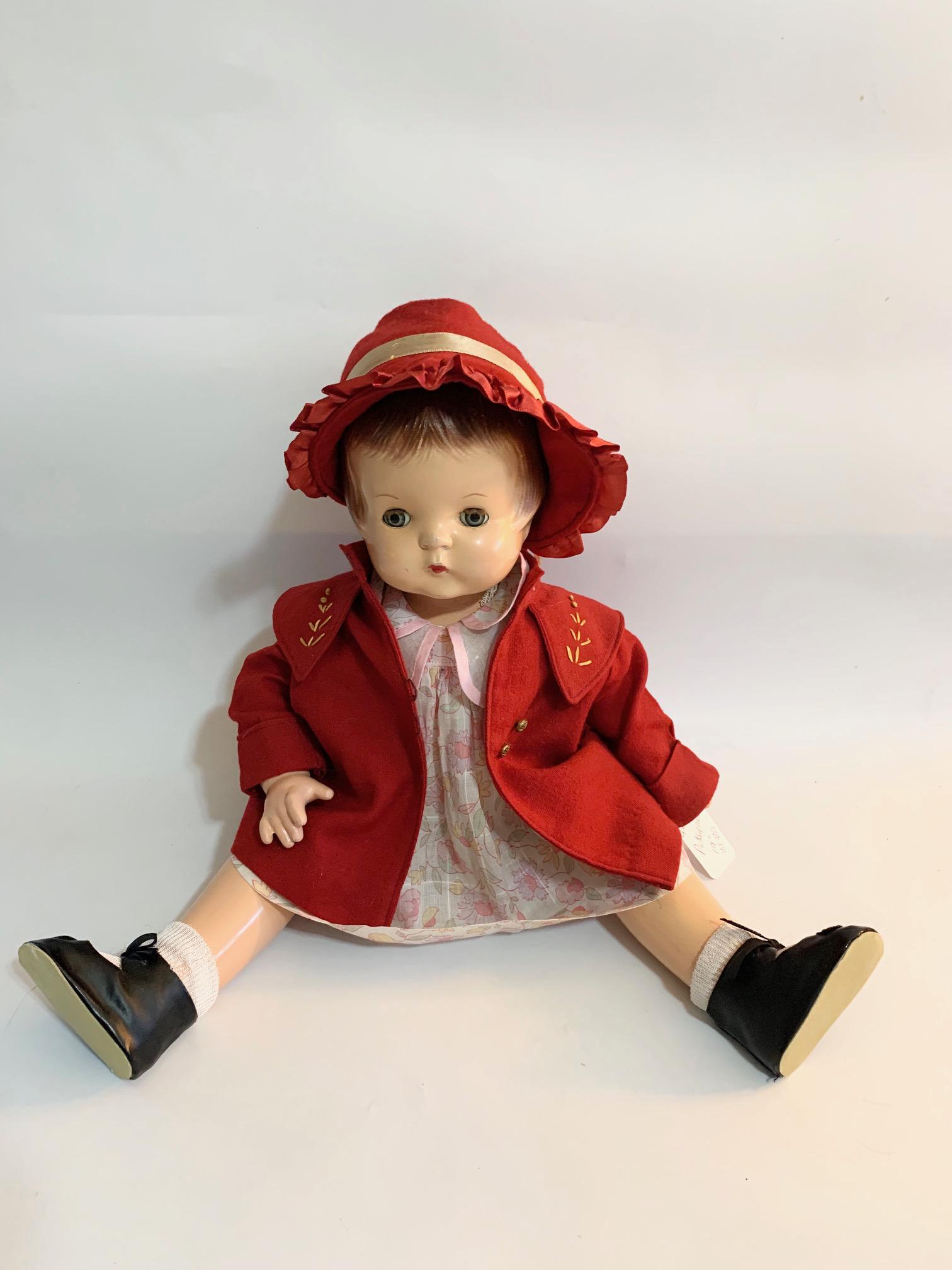 B17: Patsy Ann 19" Doll: Patsy Ann 19" Doll; red coast, hat and dress-clothes may be original; molded hair. We do our best to list all possible flaws, these are vintage/antique dolls and are NOT perfect. Please refer to the p