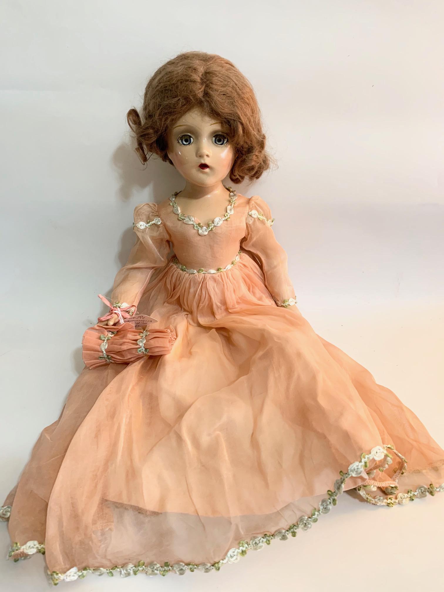 B18: Madame Alexander Peach/Pink Bridesmaid Wendy Face: Madame Alexander Peach/Pink Bridesmaid with Wendy Face; 21" composition Doll; all original Peach/Pink dress, underwear, shoes; original burnette mohair wig. We do our best to list all possible flaws, 