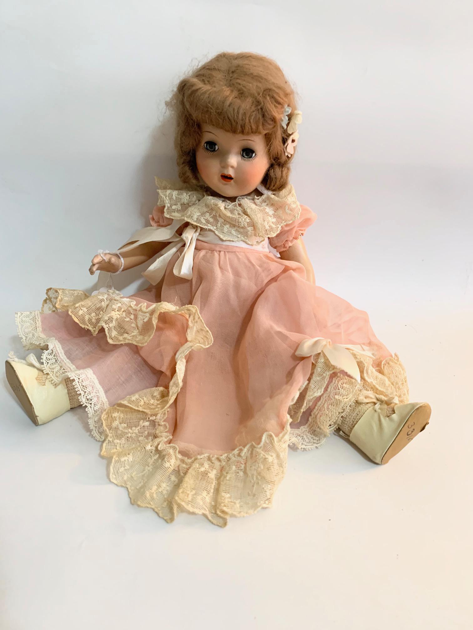 B18: Roberta 14" Composition Doll: Roberta 14" Composition Girl Doll marked with X; all original dress and wig. We do our best to list all possible flaws, these are vintage/antique dolls and are NOT perfect. Please refer to the photos 