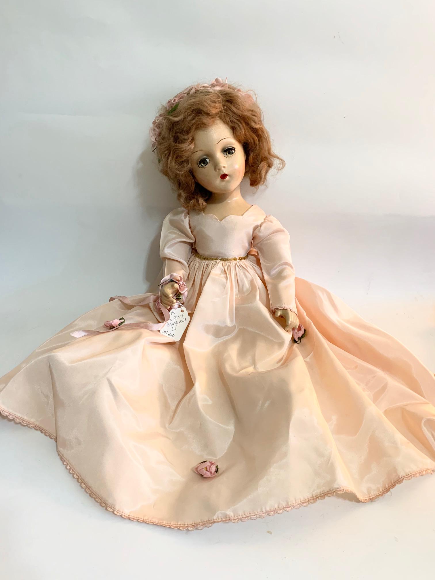 B-18 Madame Alexander Bridesmaid 21" Composition Wendy: Madame Alexander Bridesmaid; 21" composition 1940's Bridal Party series; original pink/peach taffeta gown; sequins at neckline and waist; original flowers on dress; with original bouquet; vintage shoe