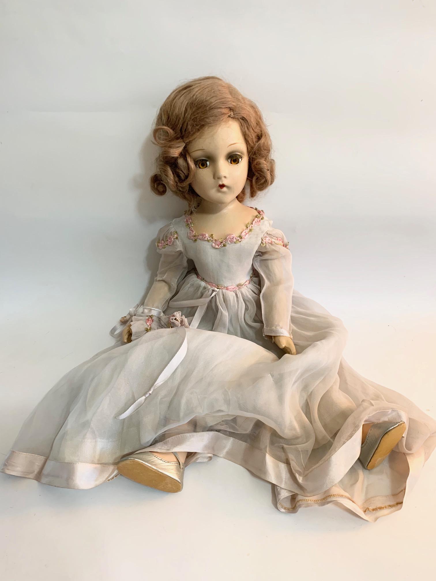 B-18 Madame Alexander Pale Blue Bridesmaid with Wendy: Madame Alexander pale blue Bridesmaid with a Wendy face; 21" Composition Doll; all original pale blue tagged dress with original underwear, and shoes; original light brown mohair. We do our best to li