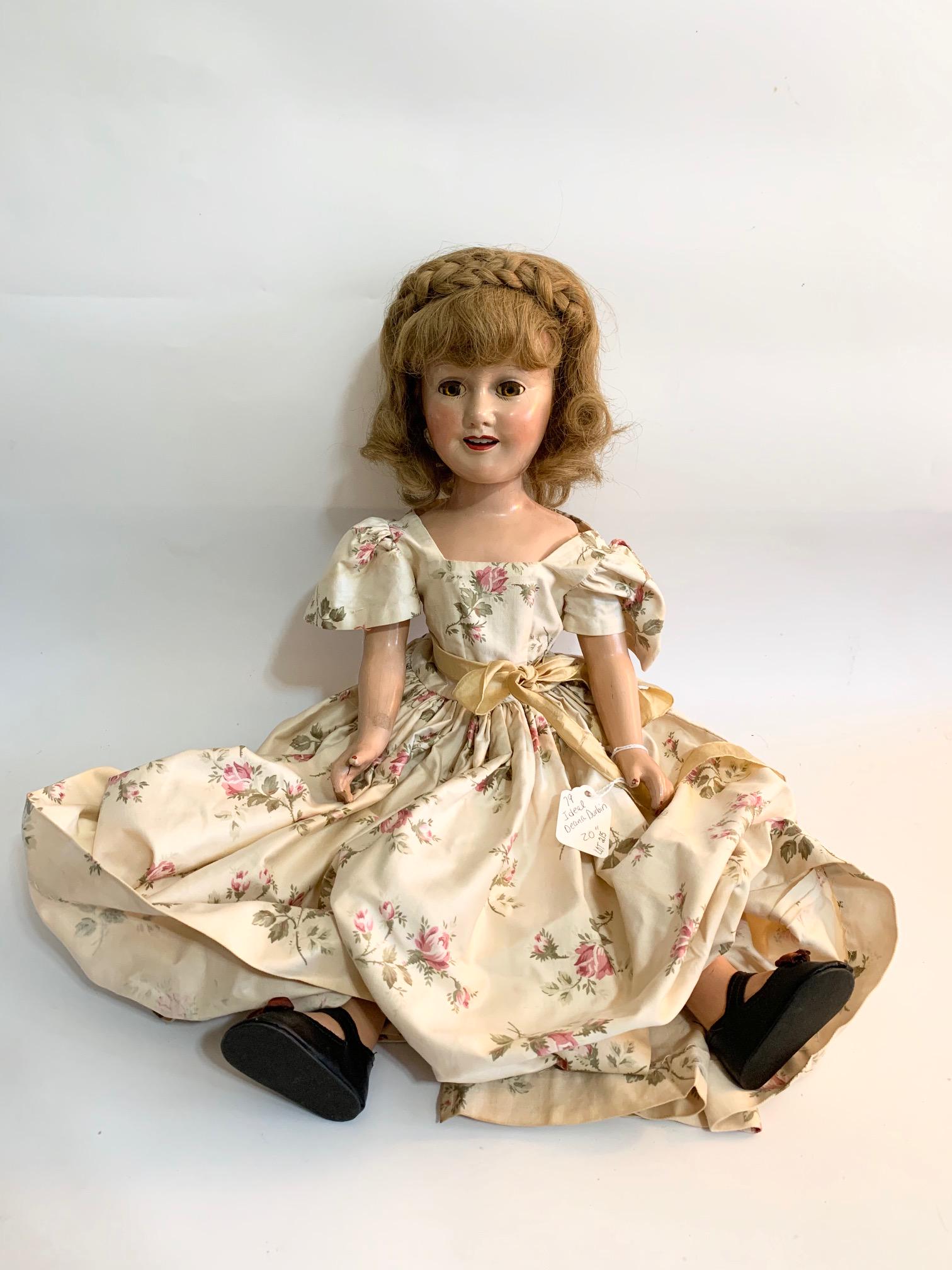 B-18: Ideal Deanna Durbin 20" Composition Doll: Ideal Deanna Durbin 20" composition doll; replaced good quality white floral print dress; braided crown-may be original
