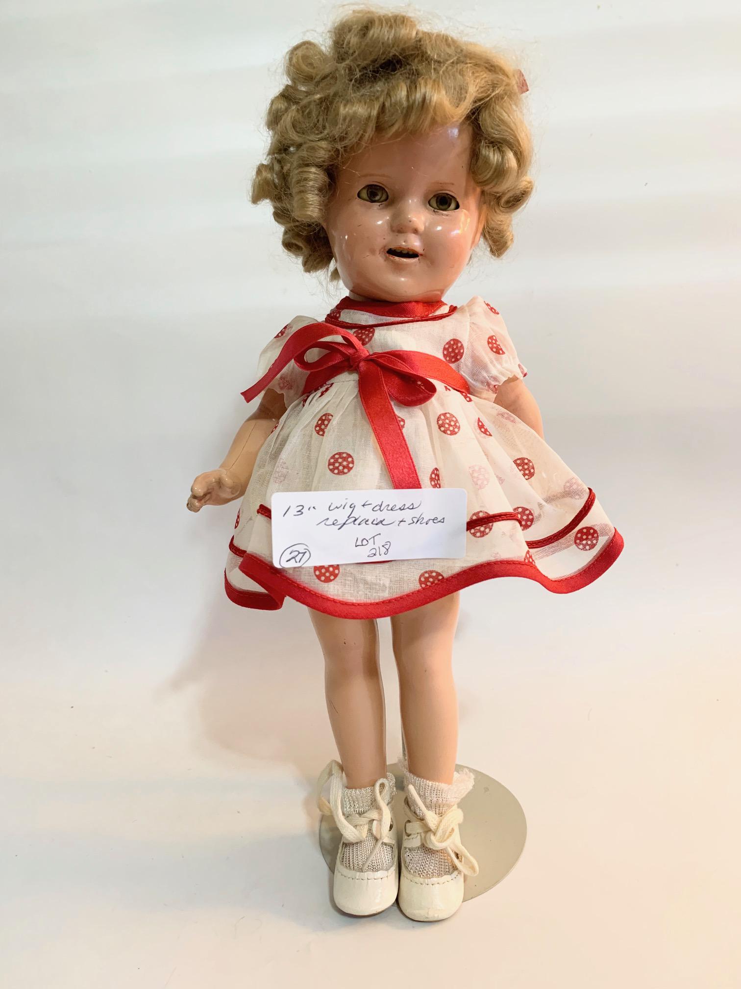 B-19: Shirley Temple Stand Up and Cheer 13" Composition: Shirley Temple Stand Up and Cheer 13" Composition Doll; new reproduced copy of red coin dress; original underwear; replaced wig. We do our best to list all possible flaws, these are vintage/antique do