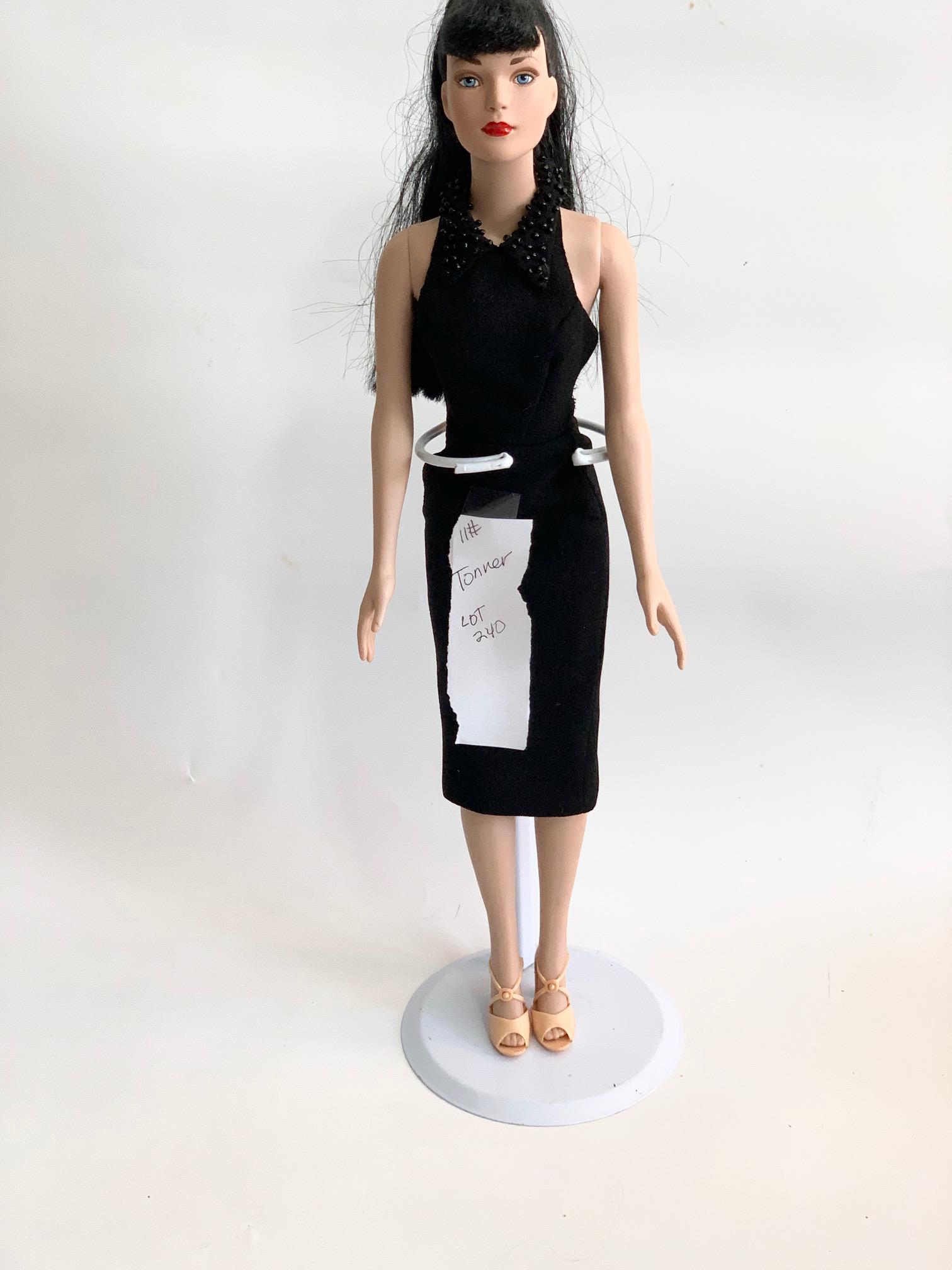 FB-15" Tonner Doll Black Cocktail Dress Doll: 15" Tonner Doll with original black sheath cocktail dress with halter top collar; has shoes; black pony tail. We do our best to list all possible flaws, these are vintage/antique dolls and are NOT per