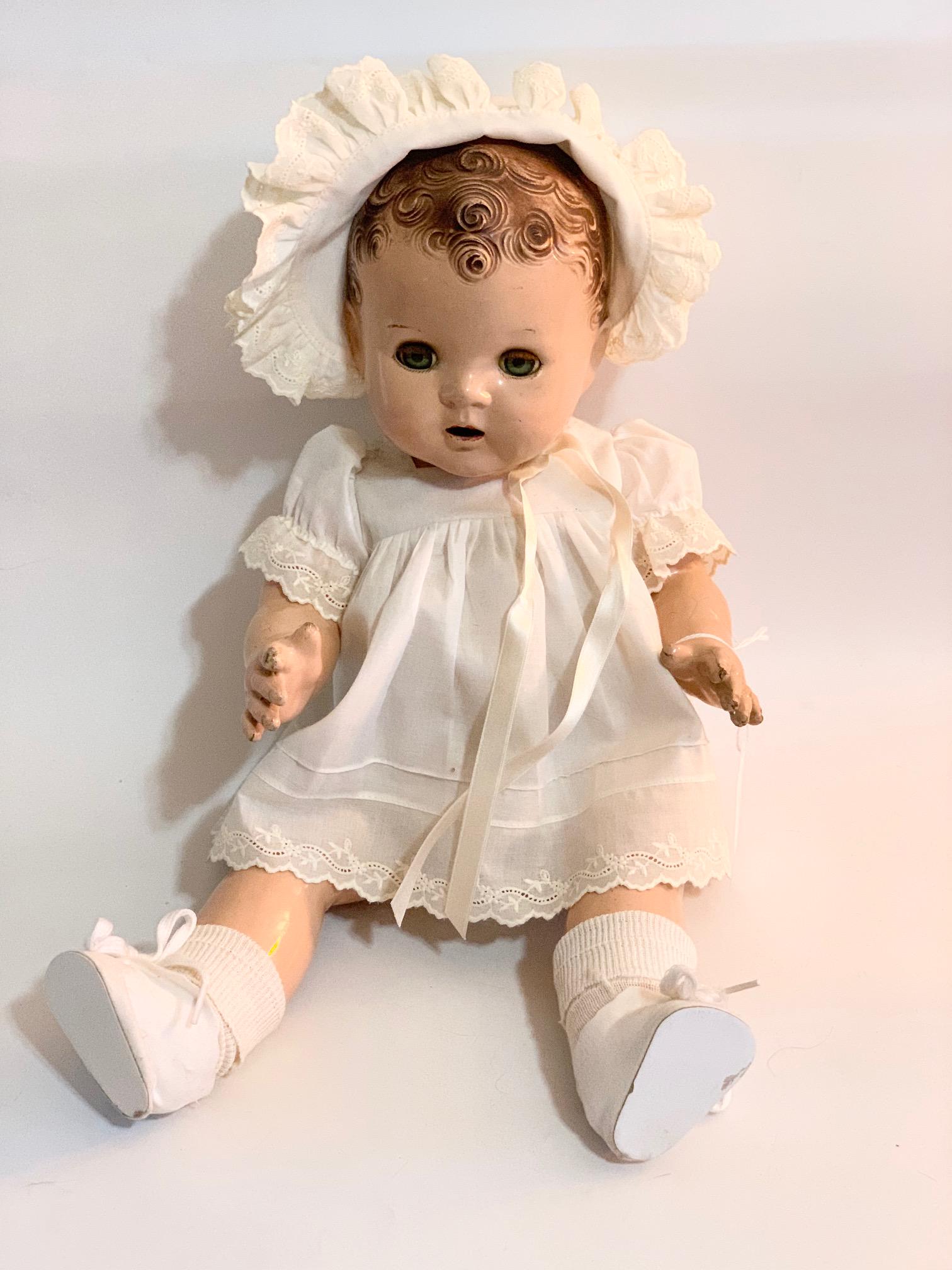 CB-Dream Baby Toddler Size 17" Composition: Dream Baby Toddler Size 17" composition doll; replaced dress and hat; original underwear; molded hair. We do our best to list all possible flaws, these are vintage/antique dolls and are NOT perfect. P