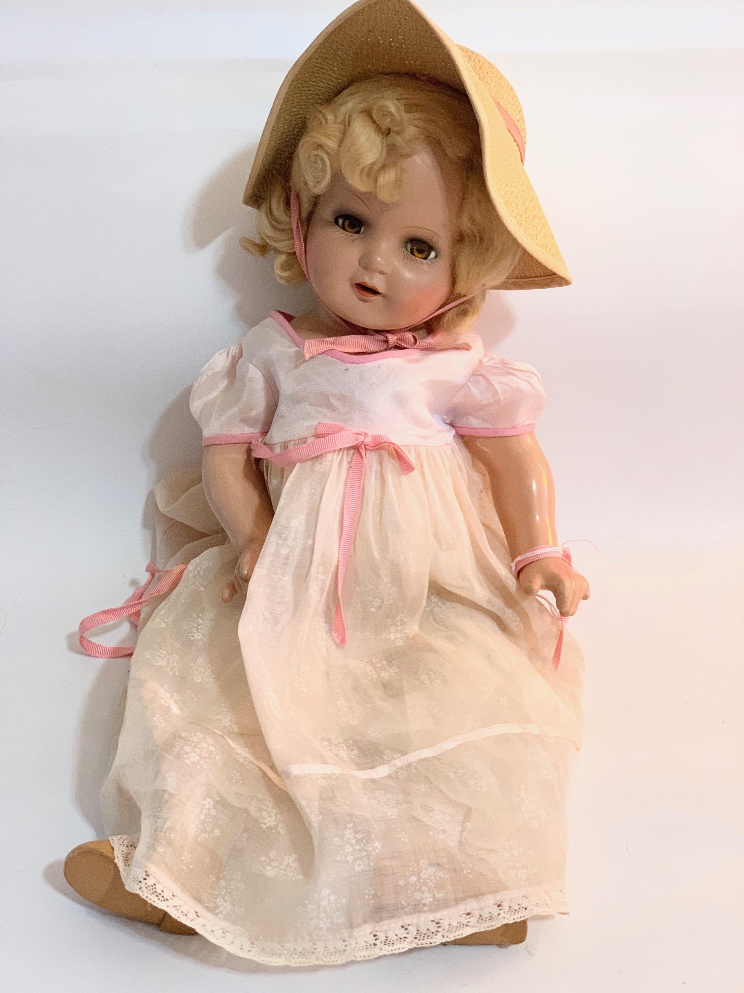 B20: Arranbee Nancy 19" Composition Doll: Arranbee Nancy 19" Composition Doll; original pale pink dress with pantaloons; straw hat replaced. Shirley Temple Mold; open mouth; 15" composition doll with flirty eyes