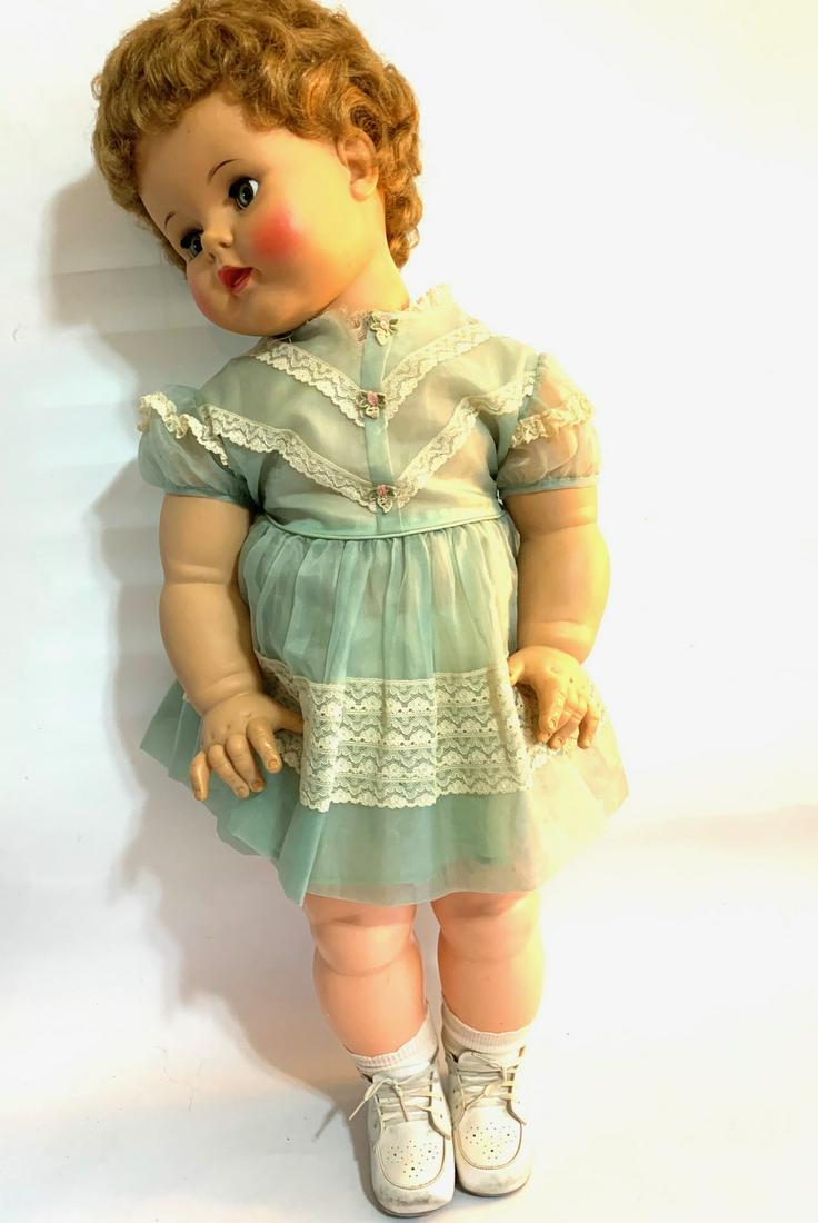 B20: Suzy Play Pal Ideal 28" Vinyl Head: Suzy Play Pal Ideal 28" Vinyl Head; original blue/green dress with insertion lace; original underwear with some tears; childrens baby shoes. Shirley Temple Mold; open mouth; 15" composition doll with