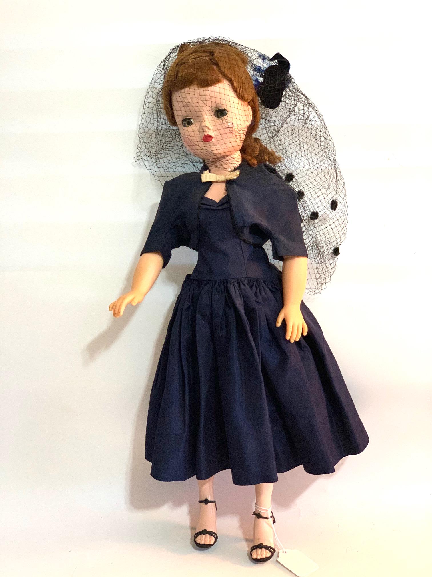 B21: Madame Alexander Cissy 20" Hard Plastic: Madame Alexander Cissy 20" Hard Plastic Doll; original 1950's Navy Blue taffeta dress with full skirt and fitted jacket in very good condition; original lace chemise; replaced veil; replaced shoes; or