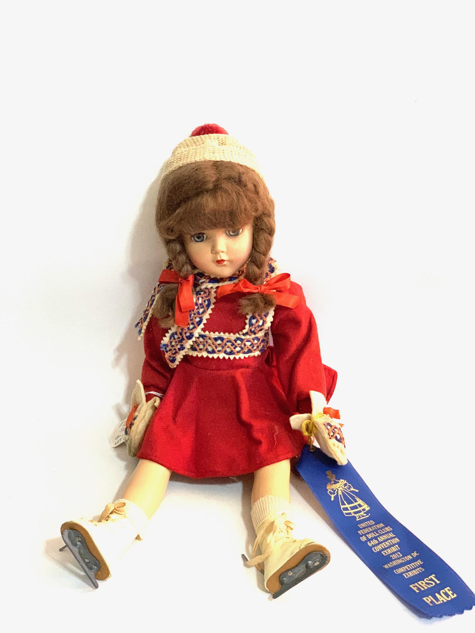 B21: Nancy Arranbee 18" Hard Plastic Doll: Nancy Arranbee 18" Hard Plastic Doll; original red dress; hat; mittens, and original ice skate with original wig. We do our best to list all possible flaws, these are vintage/antique dolls and are NOT