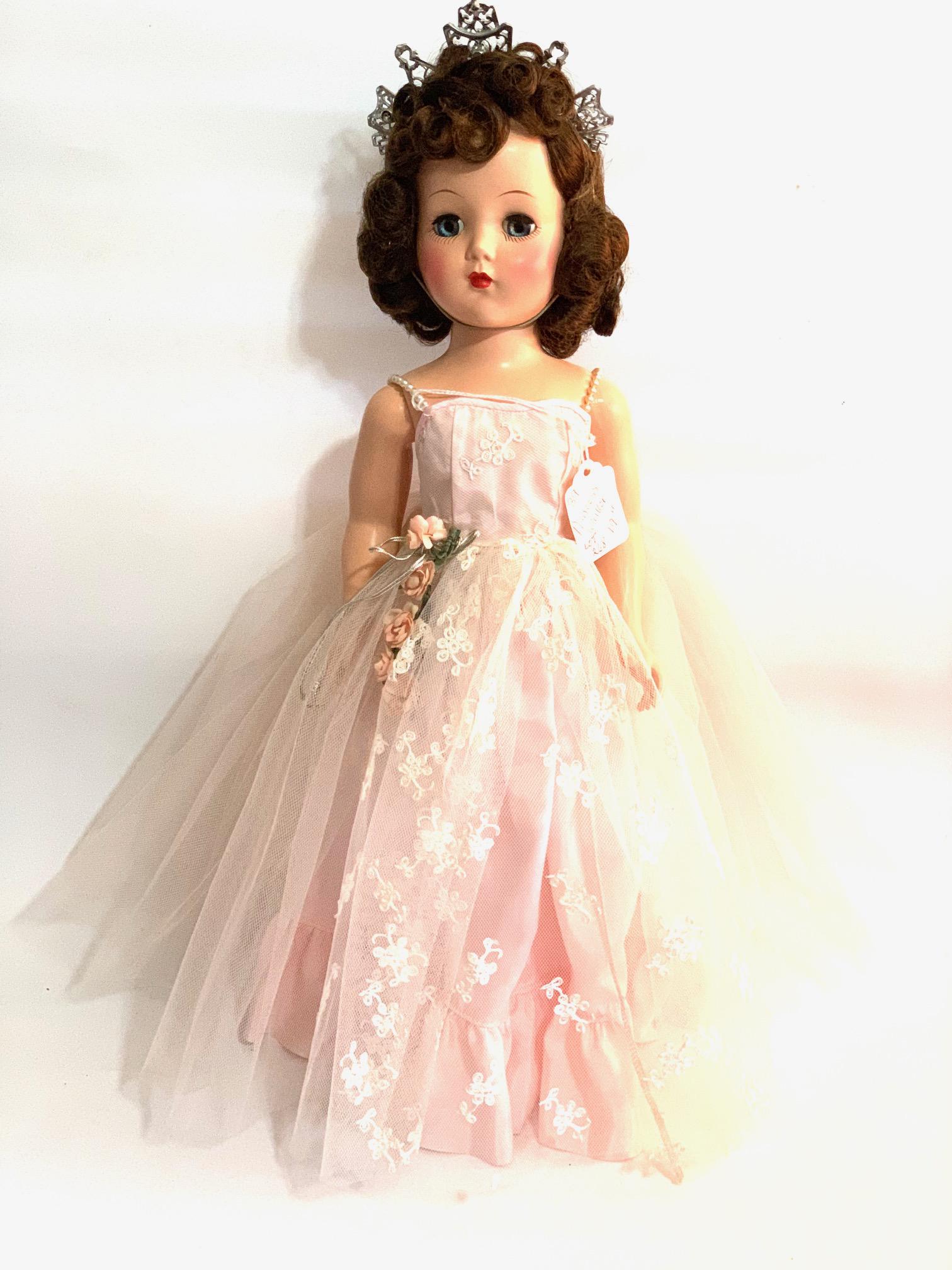 B21: 1950's Princess Style Doll 15" Hard Plastic Walker: 1950's Princess Style Doll-unmarked (Miss Revlon type); walker with swivel head; 15" Hard Plastic; factory made pink taffeta dress with pearl straps-probably original; silver crown. We do our best to 