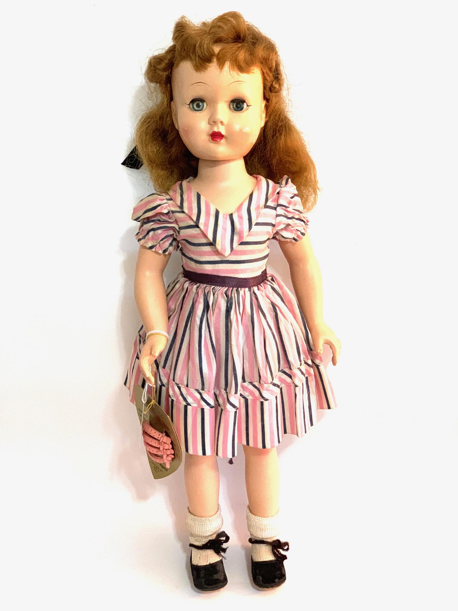 B21: Effanbee Honey Walker 19" Doll: Effanbee Honey Walker 19" Hard Plastic Doll; all original; hang tage with original set of curlers; original wig; saran wig. We do our best to list all possible flaws, these are vintage/antique dolls a