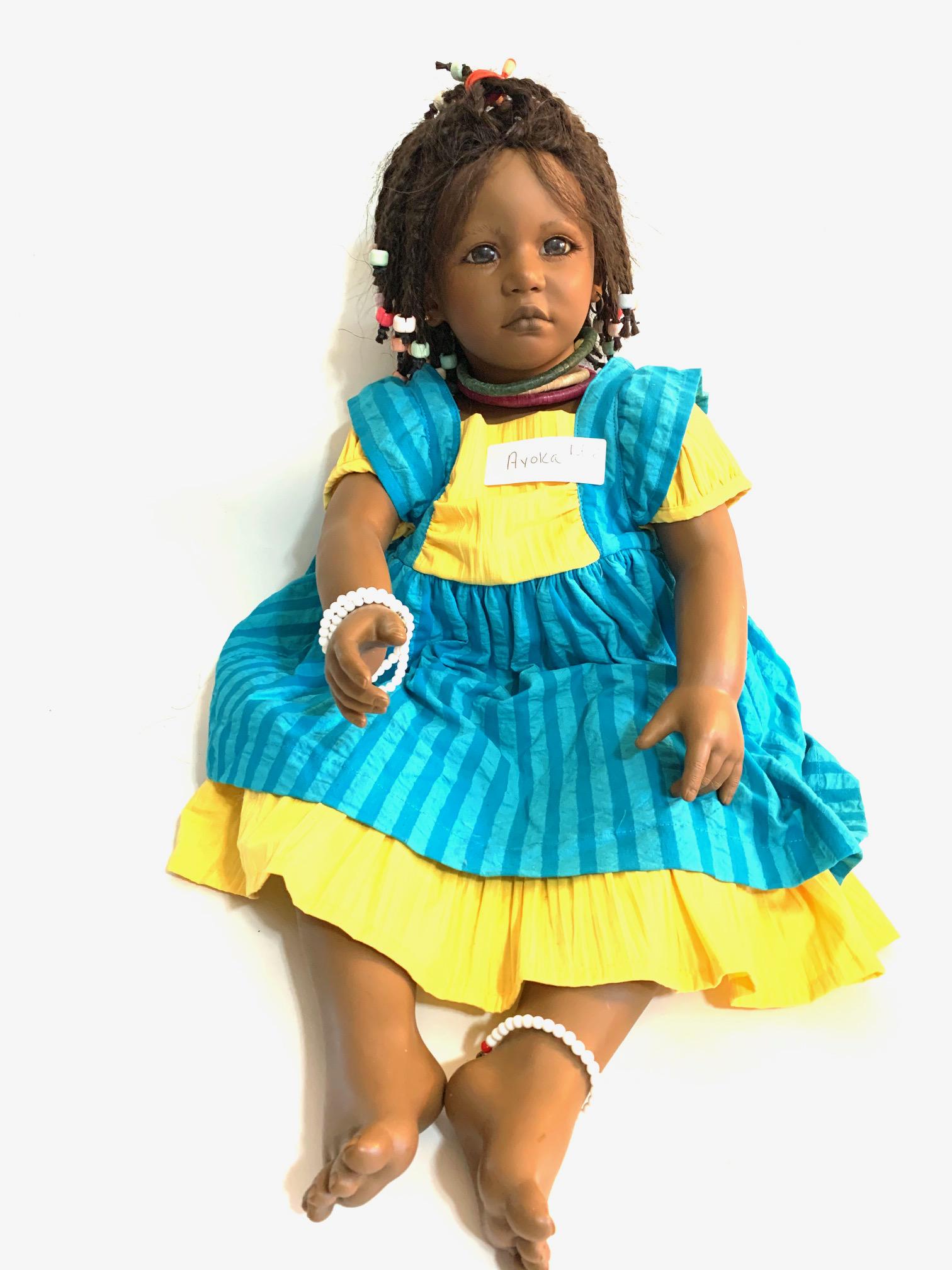 Annette Himstedt Ayoka 27" Doll: Another nice Himstedt up for your consideration; comes with the original box-on end of the top of the box has come loose; looks like all the jewelry is accounted for; no COA.