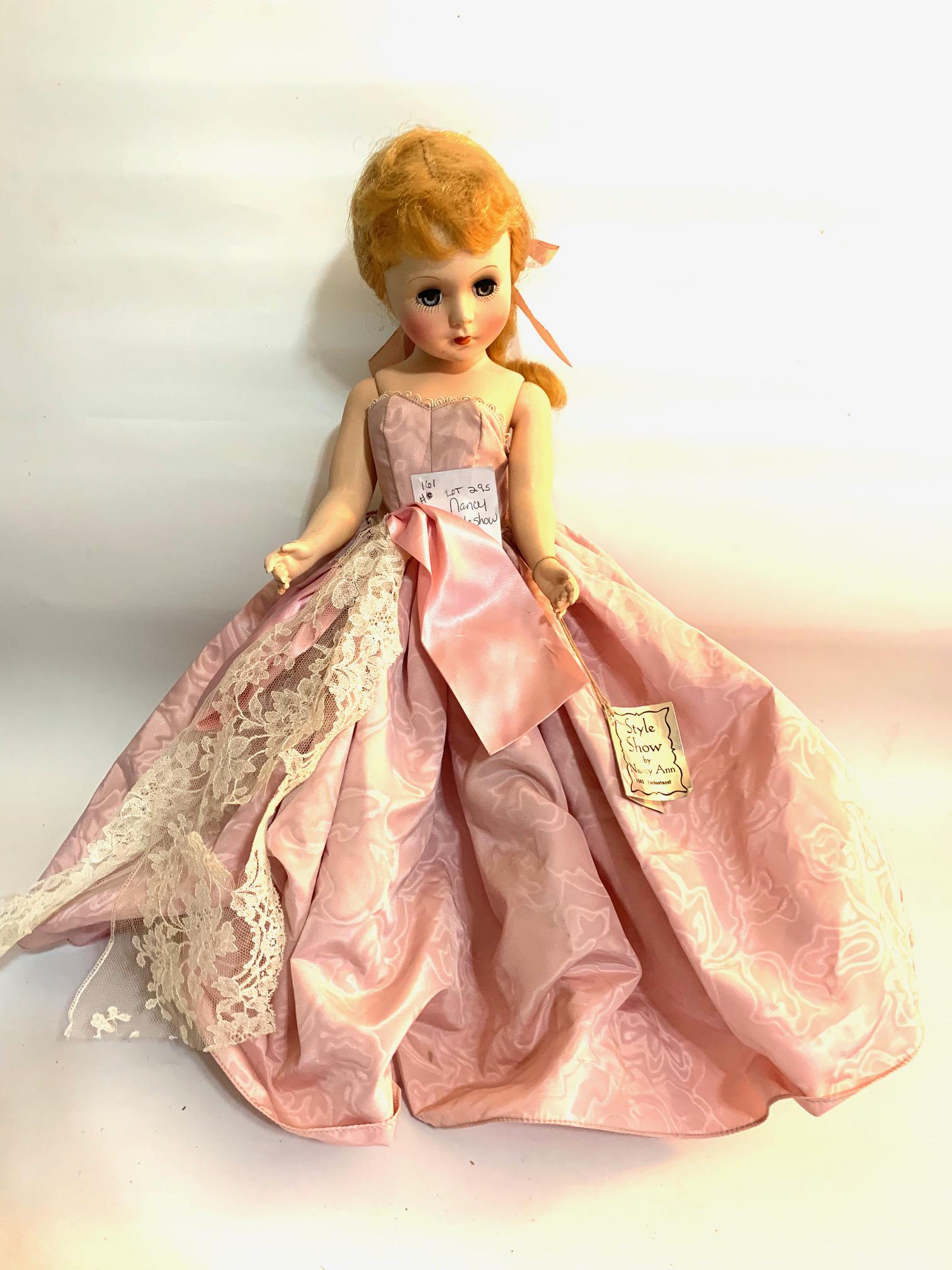 B22: Nancy Ann Story Book Enchantment Style Show 18": Nancy Ann Storybook Enchantment Style Show 18" Hard Plastic doll; very good condition with hang tag; all original dress; original shoes and original strawberry blond wig. We do our best to list all po
