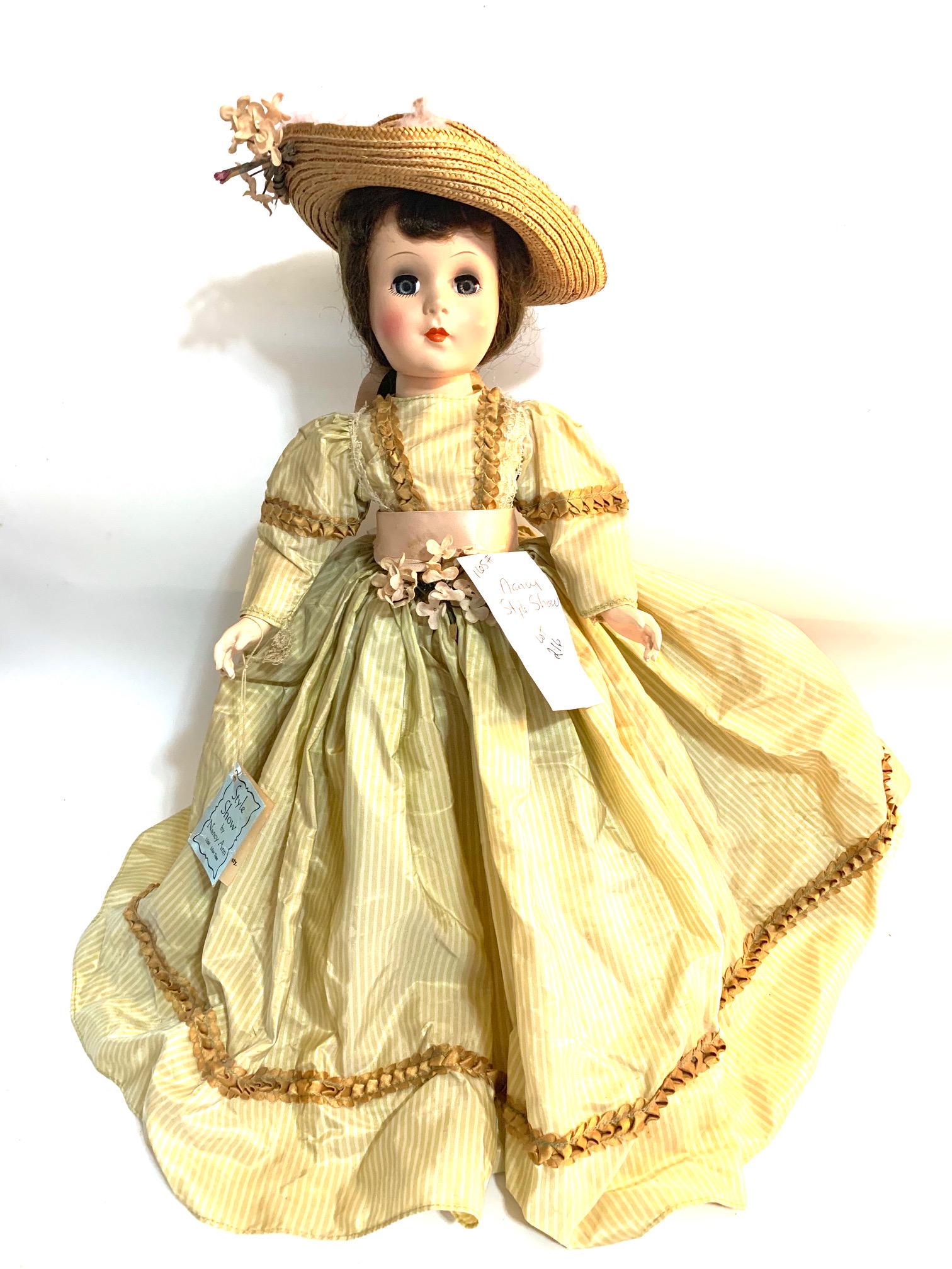 B22: Nancy Ann Story Book Lilac Time Style Show 18": Nancy Ann Story Book Lilac Time Style Show 18" Hard Plastic doll; original hang tag; original dress with pink ribbon waist band with lilacs; original hat with flowers and marabou; orignal dark brown w