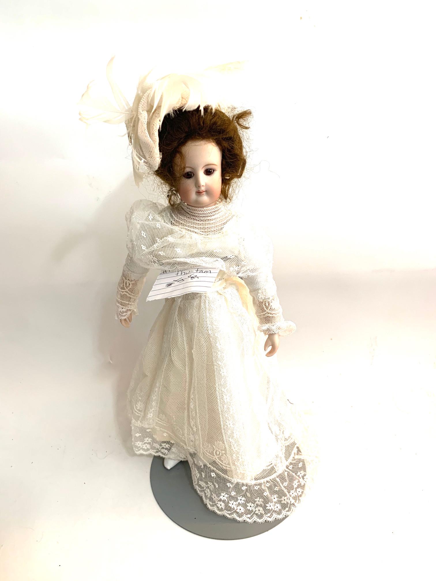 B23: Reproduction FG signed Thu-Tam 11" Bisque Doll: Reproduction FG-signed Thu-Tam 2009; 11" Bisque/new kid body; white Gibson Girl lace dress with matching hat; auburn wig. We do our best to list all possible flaws, these are vintage/antique dolls and