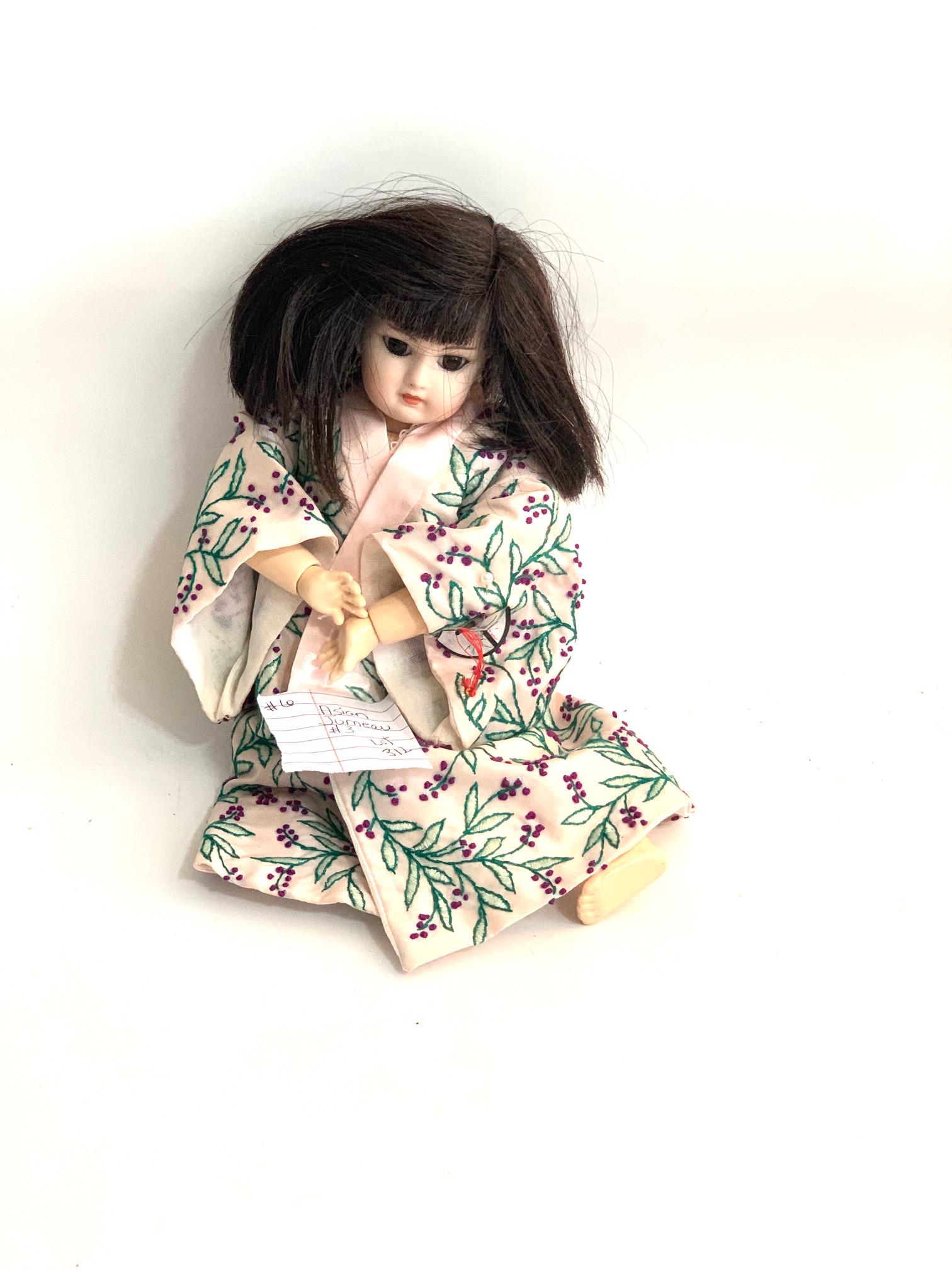 B23: Reproduction Jumeau #3-unknown artist: Reproduction Jumeau #3-unknown artist; 11" Bisque Head; pink Kimono with cherry blossoms; with fan; original wig. We do our best to list all possible flaws, these are vintage/antique dolls and are NOT