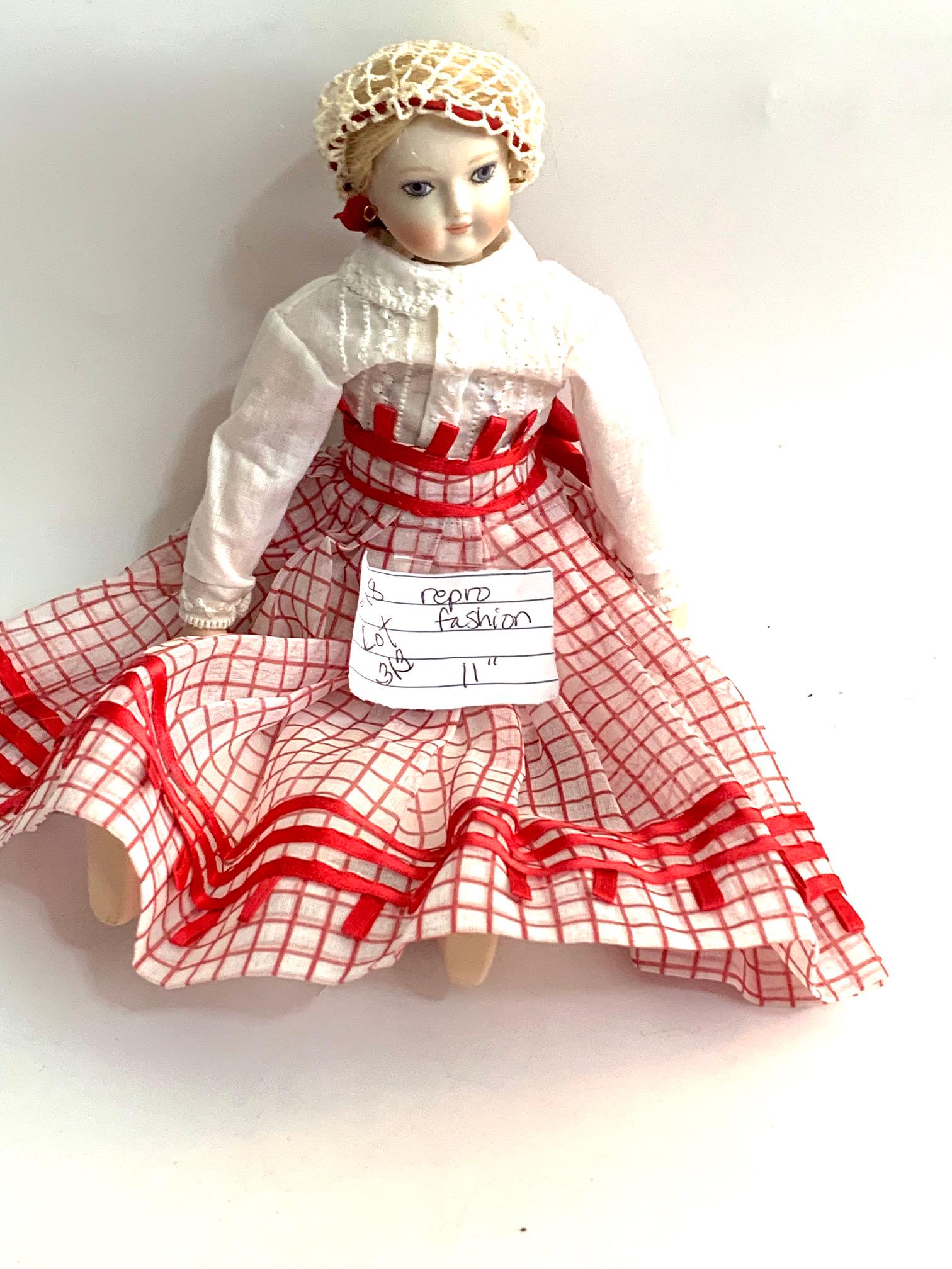 B23: Marie Therese Reprod by Alice Leverett for UFDC: Marie Therese Reproduction Fashion Doll by Alive Leverett for UFDC Chicago Convention; 11" Bisque Head; Red and white checked skirt with white blouse; hair net; no shoes; blonde wig. We do our best to
