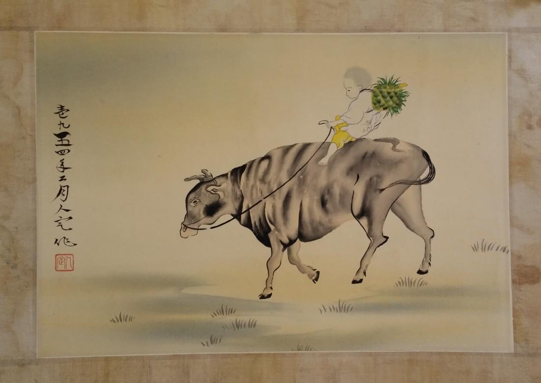 CHINESE SCROLL PAINTING OF BOY ON BACK OF OX: CHINESE SCROLL PAINTING OF BOY ON BACK OF OX. Signed and dated. Image only size 41 cm by 28 cm. Domestic shipping $20 and oversea $40. Combined shipping avialable.