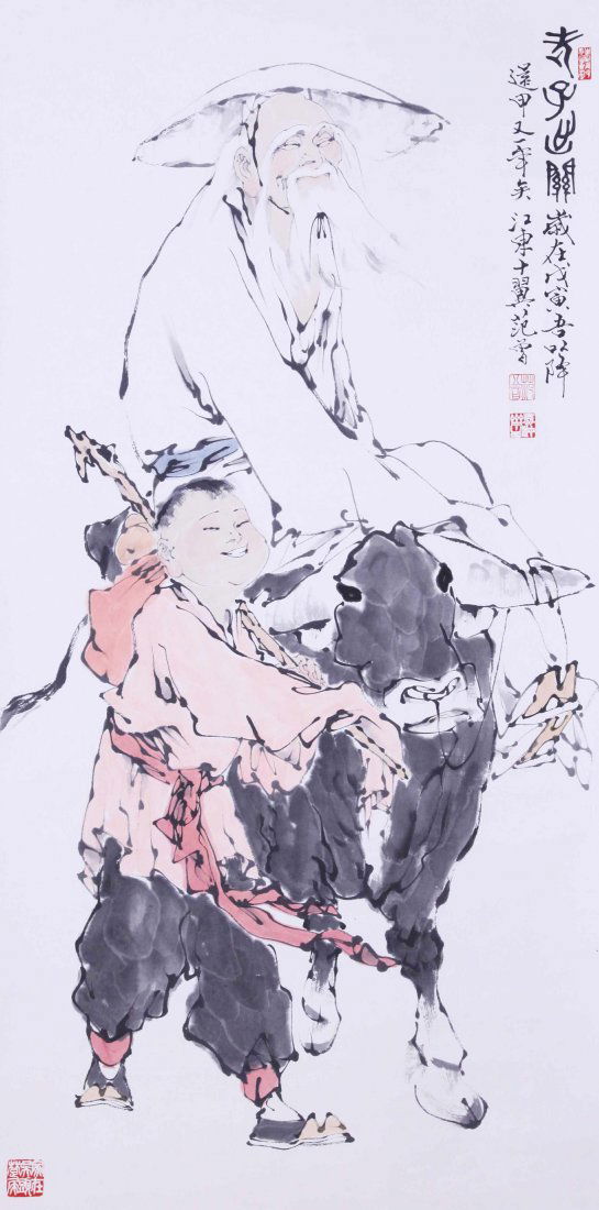 CHINESE SCROLL PAINTING OF OLD MAN RIDING OX (1 of 4)