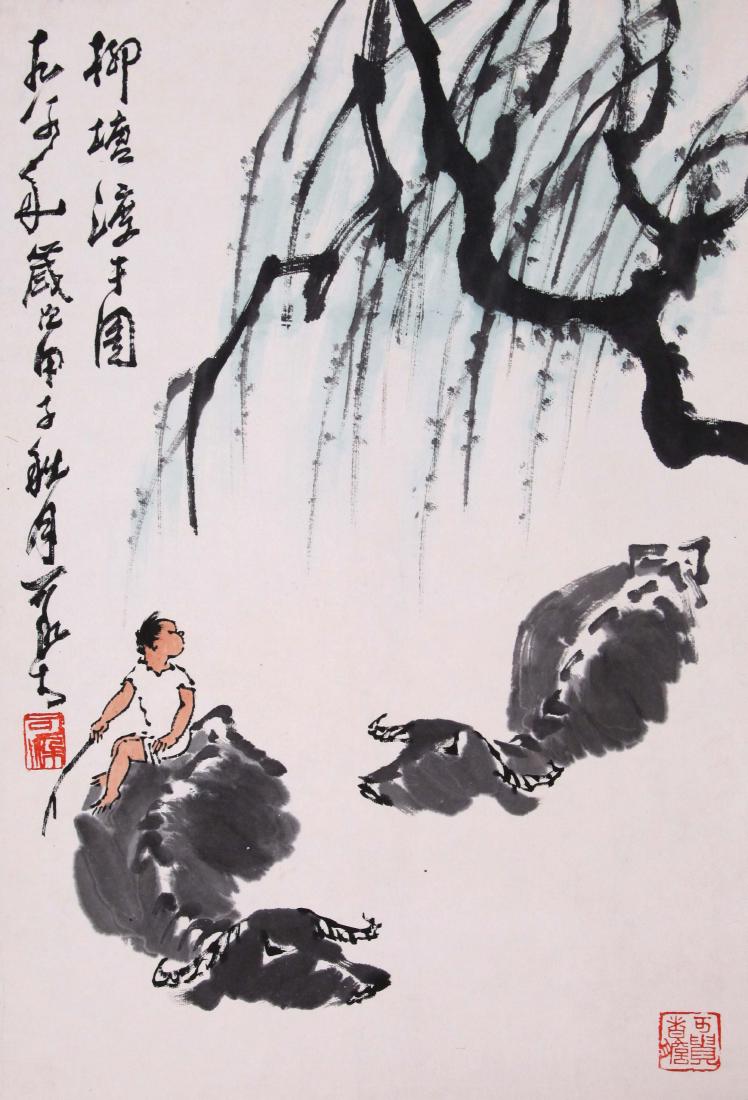 CHINESE SCROLL PAINTING OF BOY ON BACK OF OX (1 of 5)