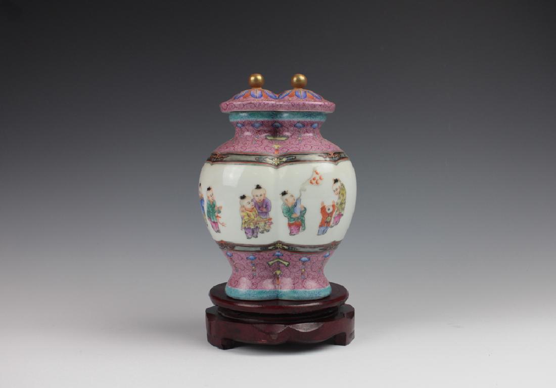 CHINESE PORCELAIN FAMILLE ROSE BOY PLAYING LINKED VASE (1 of 4)