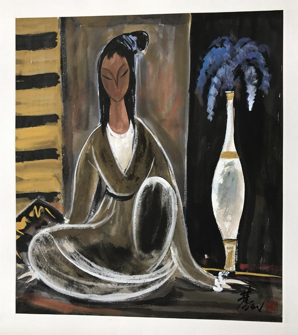 CHINESE SCROLL PAINTING OF SEATED BEAUTY (1 of 3)