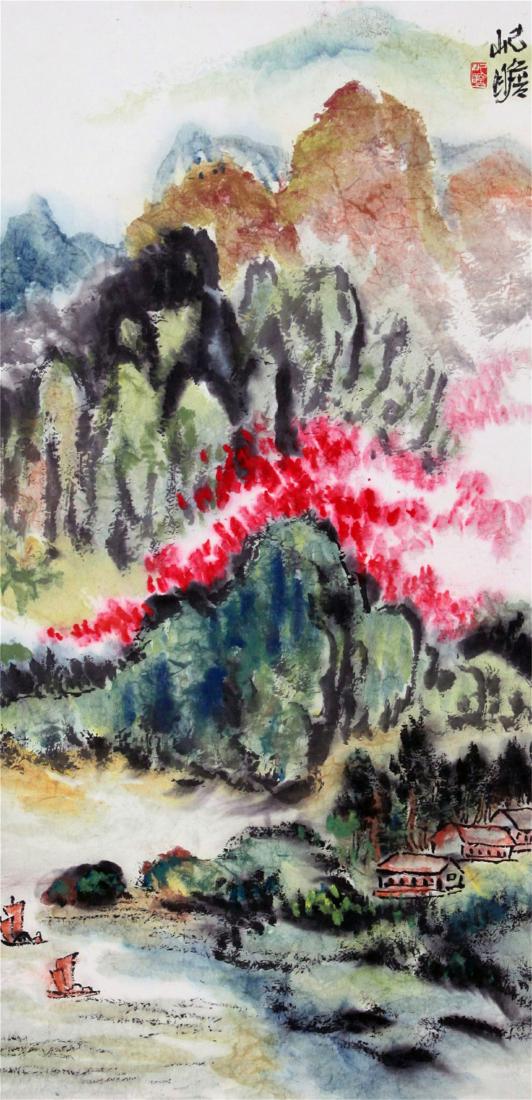 CHINESE SCROLL PAINTING OF MOUNTAIN VIEWS: CHINESE SCROLL PAINTING OF MOUNTAIN VIEWS. Image only size 97 cm by 47 cm. Signed and dated. Free delivery to most Northeast states. Free shipping to US address except the large, very fragile items an