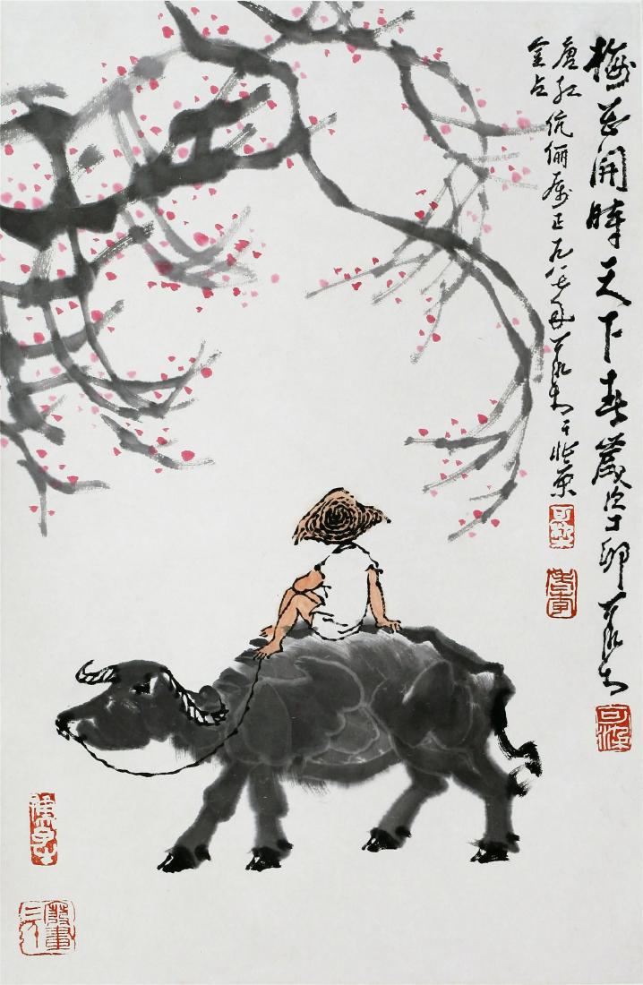 CHINESE SCROLL PAINTING OF COWBOY ON OX WITH: CHINESE SCROLL PAINTING OF COWBOY ON OX WITH PUBLICATION. Image only size 49 cm by 34 cm. Signed and dated. Free delivery to most Northeast states. Free shipping to US address except the large, very f