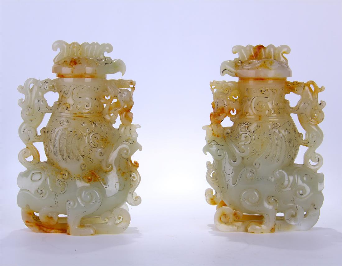 PAIR OF CHINESE JADE PHOENIX LIDDED VASES (1 of 10)