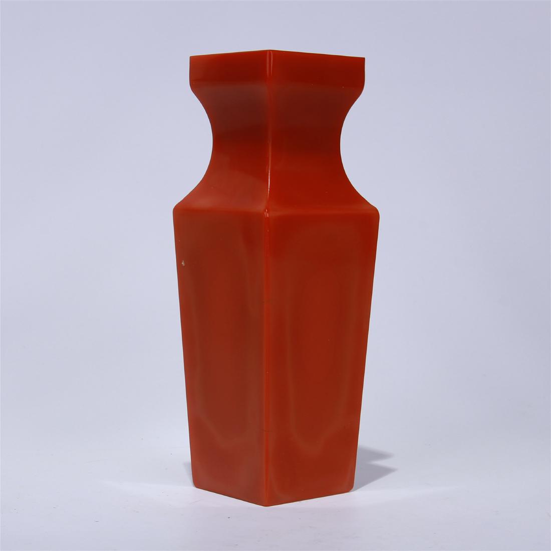 CHINESE RED PEKING GLASS SQUARE VASE: CHINESE RED PEKING GLASS SQUARE VASE. H. 16.8 cm. Diam. 5.6 cm. Free delivery to most Northeast states. Free shipping to US address except the large, very fragile items and specially mentioned in desc