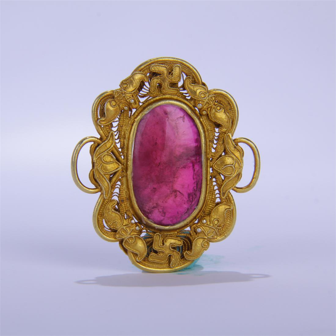 CHINESE GILT BRONZE TUROMALINE HAT BADGE (1 of 5)