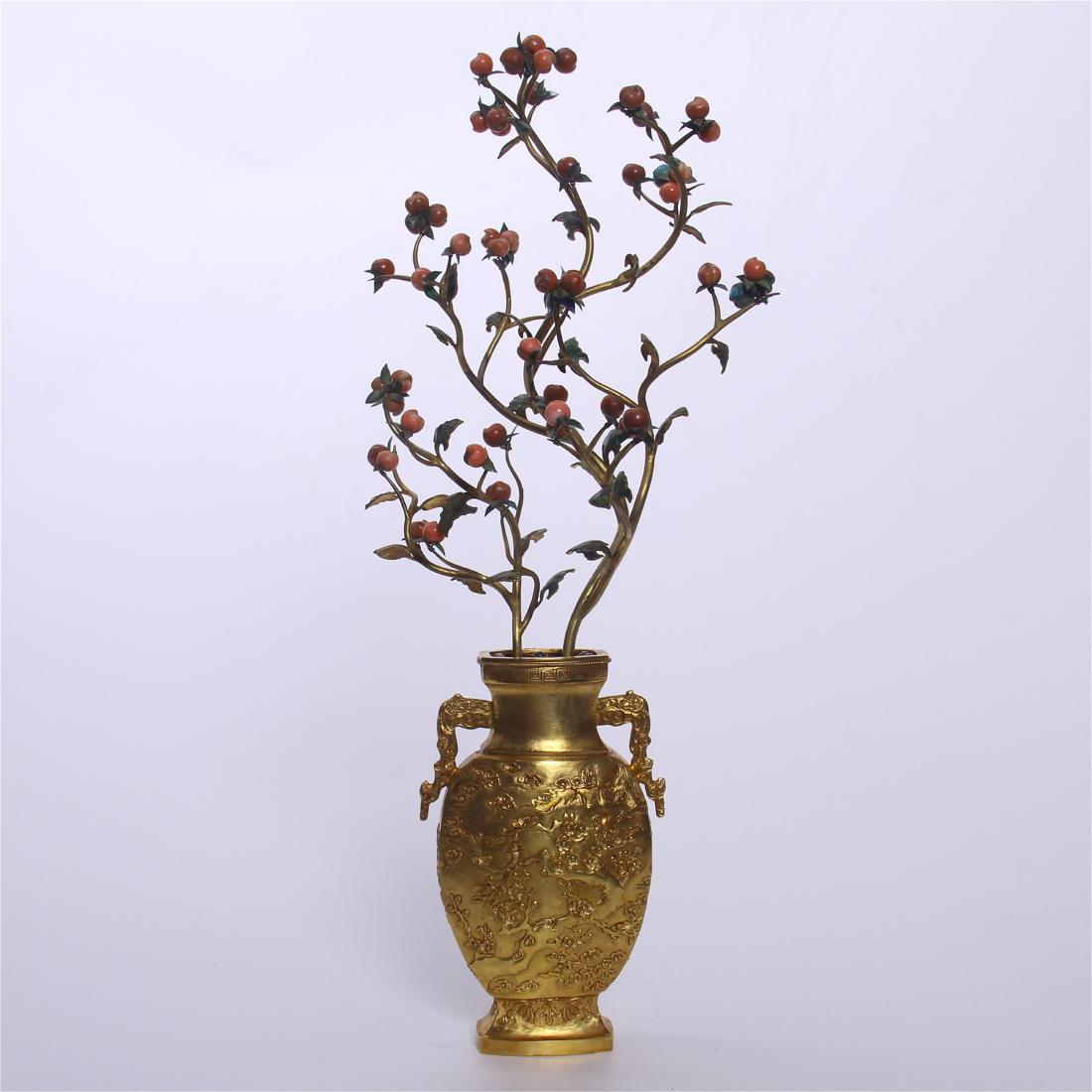 CHINESE GEM STONE BANSAI IN GILT BRONZE VASE (1 of 10)